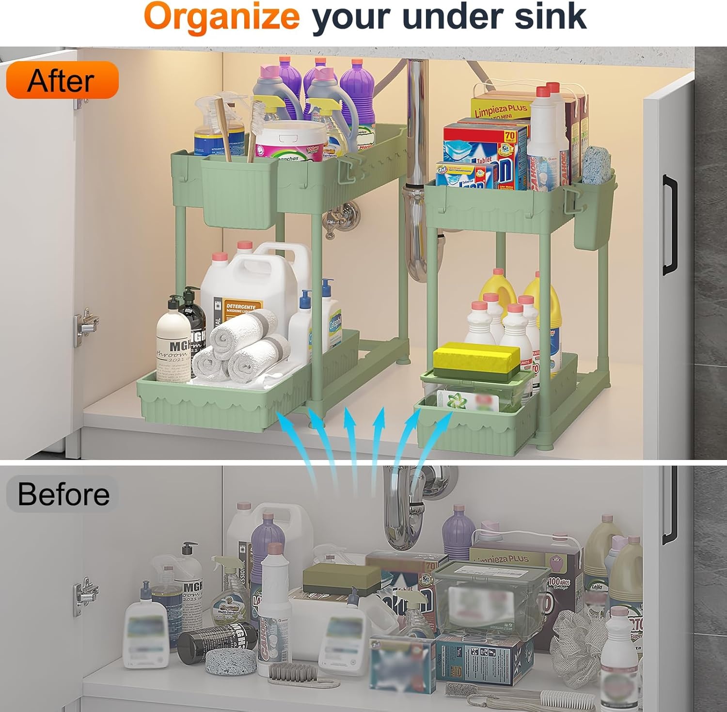 image:imageSevenblue 4 Pack Under Sink Organizer Bathroom Organizers and Storage 2 Tier MultiUse Pull Out Cabinet Organizer with Hang Hooks and Cups Black 4 PackGreen