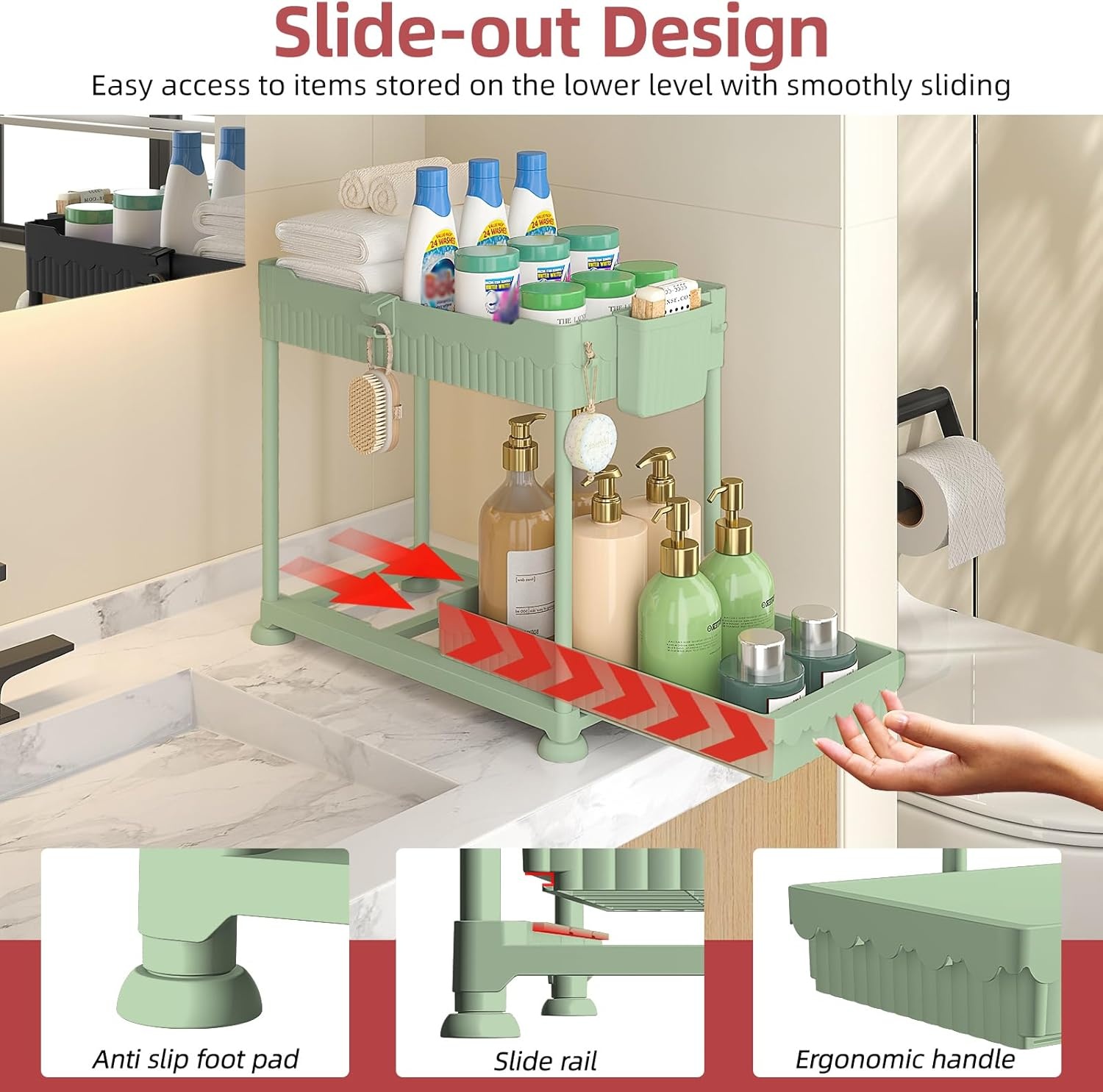 image:imageSevenblue 4 Pack Under Sink Organizer Bathroom Organizers and Storage 2 Tier MultiUse Pull Out Cabinet Organizer with Hang Hooks and Cups Black 4 PackGreen