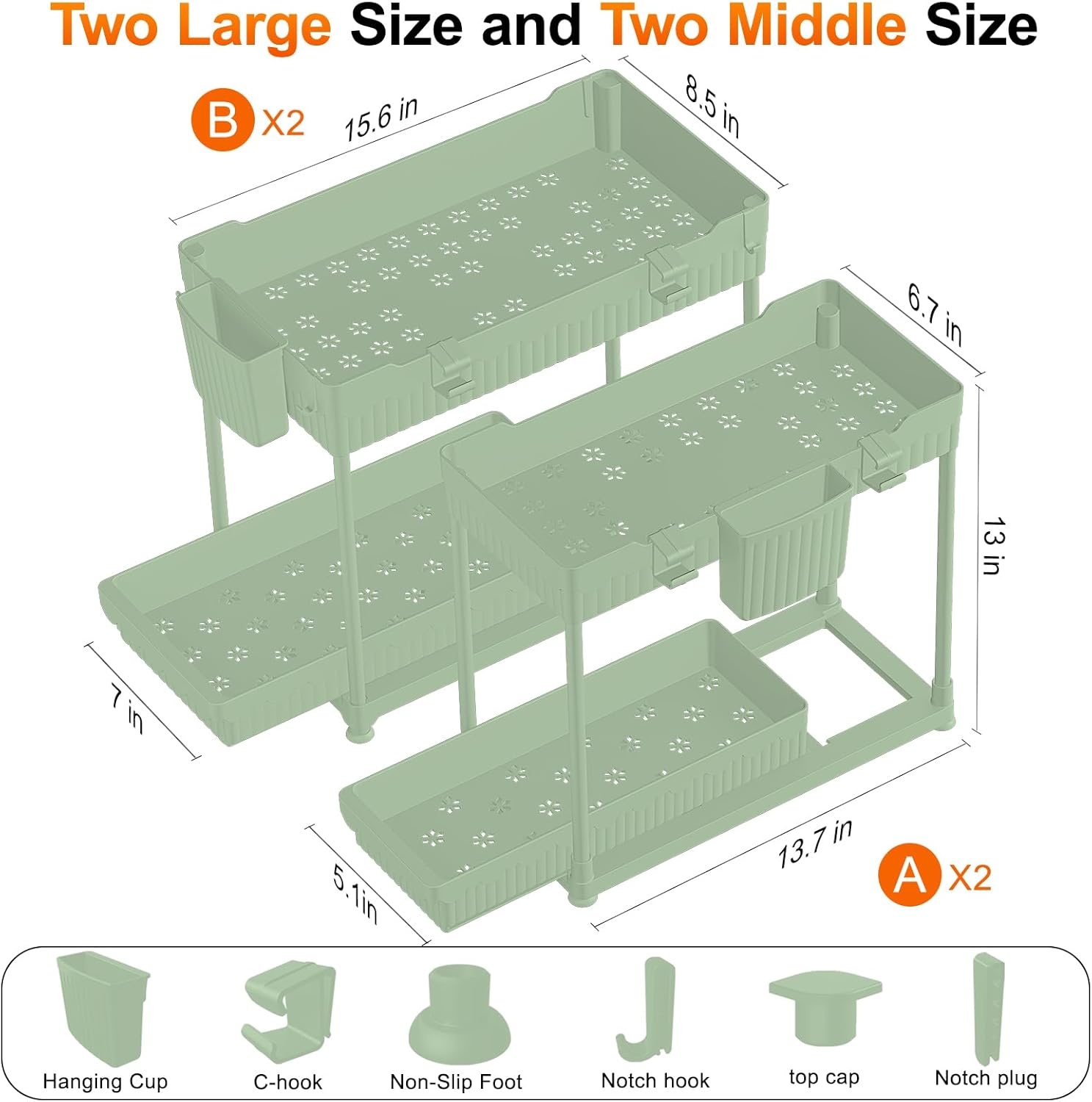 image:imageSevenblue 4 Pack Under Sink Organizer Bathroom Organizers and Storage 2 Tier MultiUse Pull Out Cabinet Organizer with Hang Hooks and Cups Black 4 PackGreen