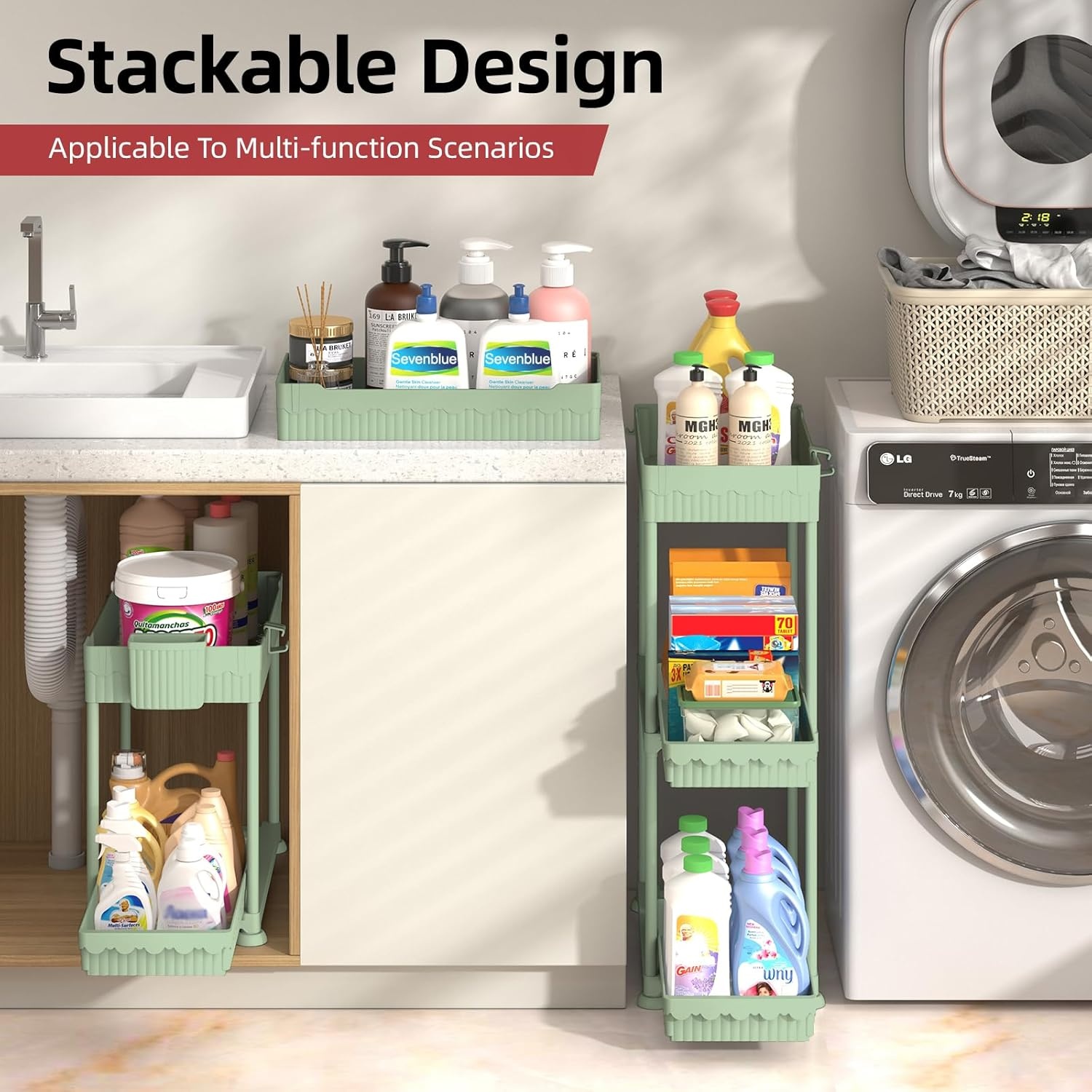 image:imageSevenblue 4 Pack Under Sink Organizer Bathroom Organizers and Storage 2 Tier MultiUse Pull Out Cabinet Organizer with Hang Hooks and Cups Black 4 PackGreen