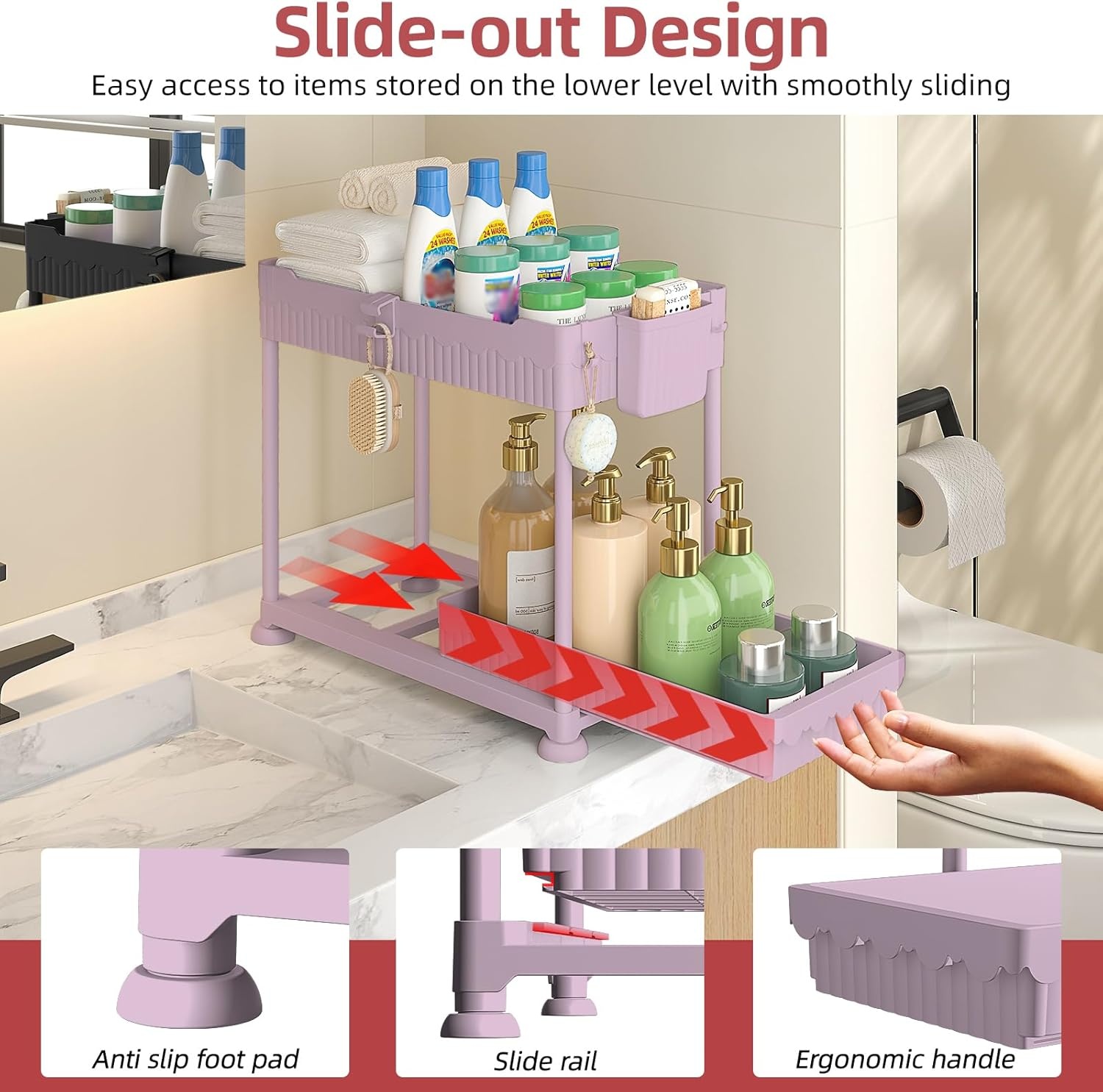 image:imageSevenblue 4 Pack Under Sink Organizer Bathroom Organizers and Storage 2 Tier MultiUse Pull Out Cabinet Organizer with Hang Hooks and Cups Black 4 PackPink