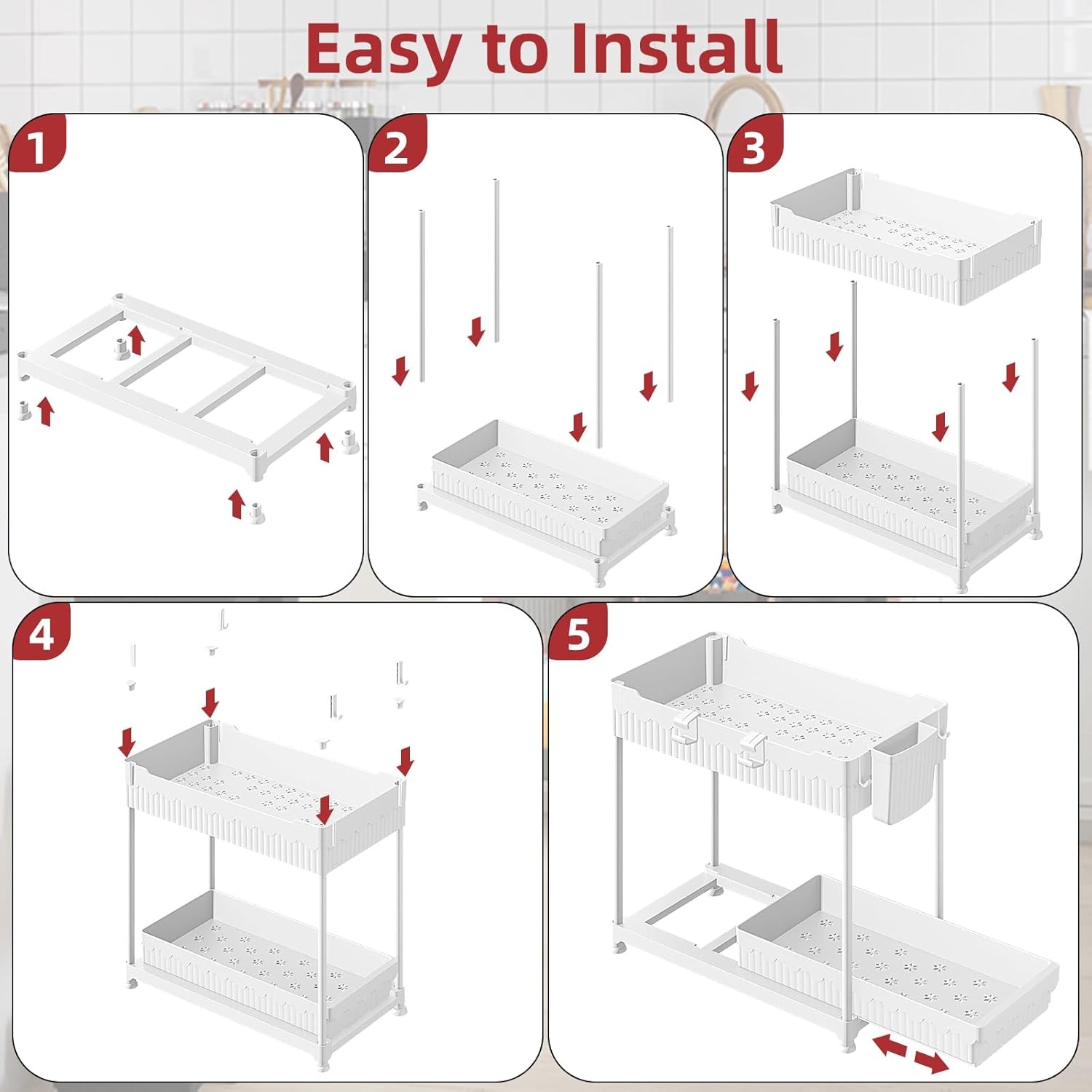 image:imageSevenblue 4 Pack Under Sink Organizer Bathroom Organizers and Storage 2 Tier MultiUse Pull Out Cabinet Organizer with Hang Hooks and Cups Black 4 PackWhite