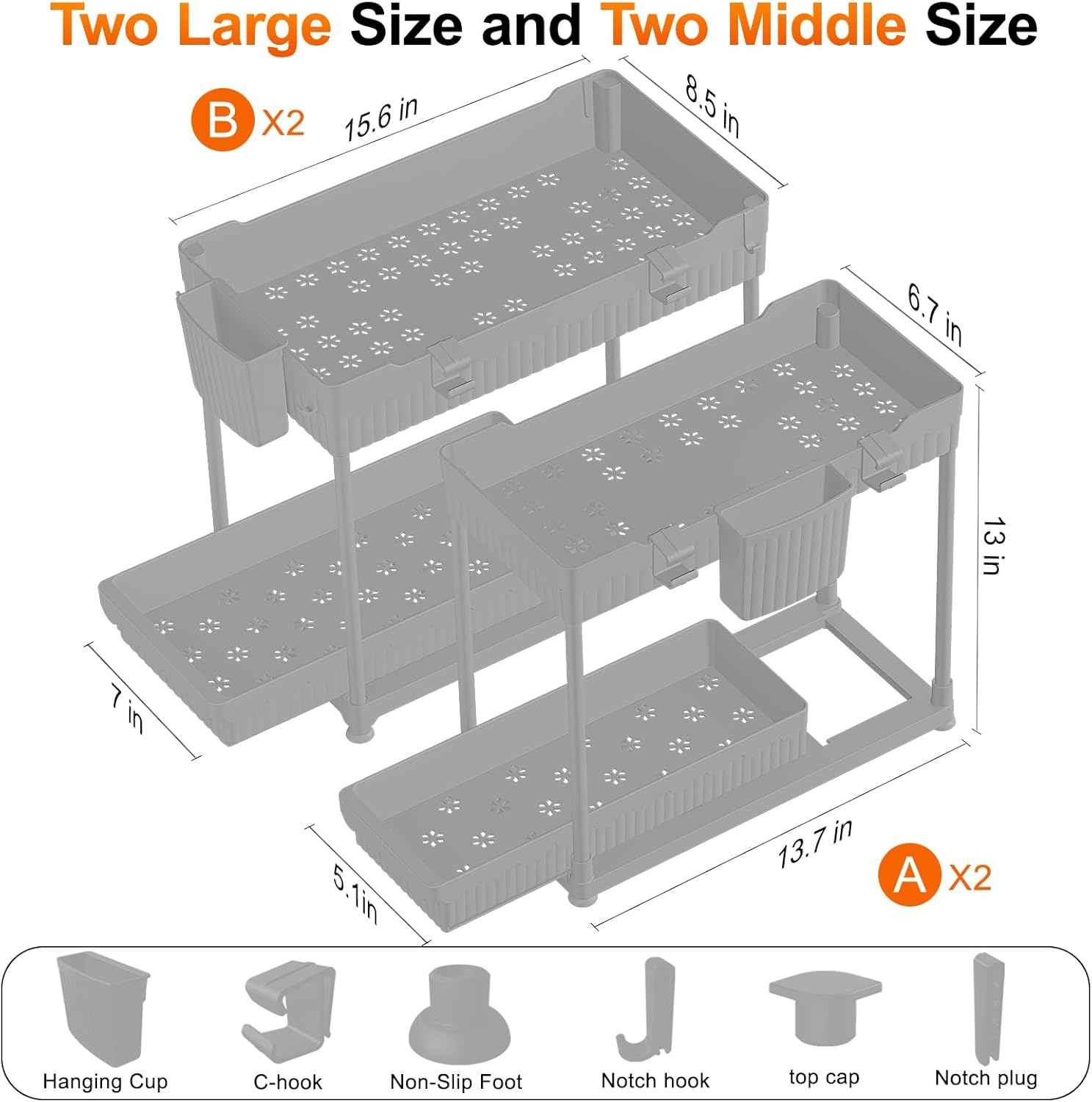 image:imageSevenblue 4 Pack Under Sink Organizer Bathroom Organizers and Storage 2 Tier MultiUse Pull Out Cabinet Organizer with Hang Hooks and Cups Black 4 PackGray
