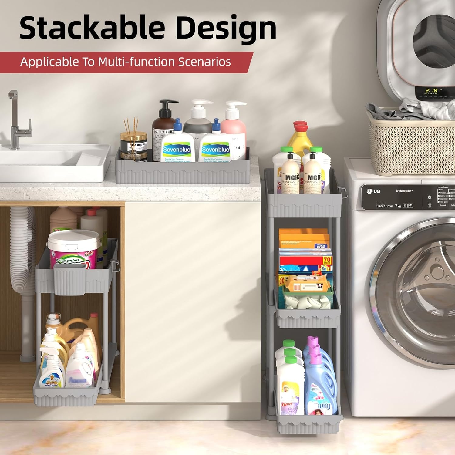 image:imageSevenblue 4 Pack Under Sink Organizer Bathroom Organizers and Storage 2 Tier MultiUse Pull Out Cabinet Organizer with Hang Hooks and Cups Black 4 PackGray