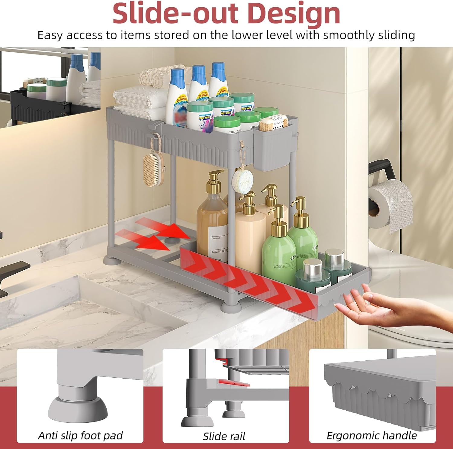 image:imageSevenblue 4 Pack Under Sink Organizer Bathroom Organizers and Storage 2 Tier MultiUse Pull Out Cabinet Organizer with Hang Hooks and Cups Black 4 PackGray
