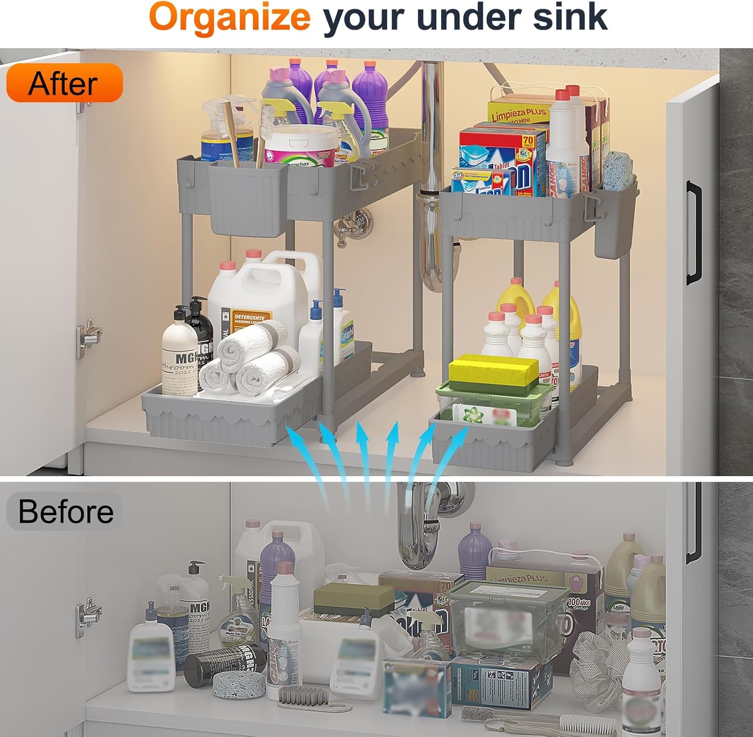 image:imageSevenblue 4 Pack Under Sink Organizer Bathroom Organizers and Storage 2 Tier MultiUse Pull Out Cabinet Organizer with Hang Hooks and Cups Black 4 PackGray