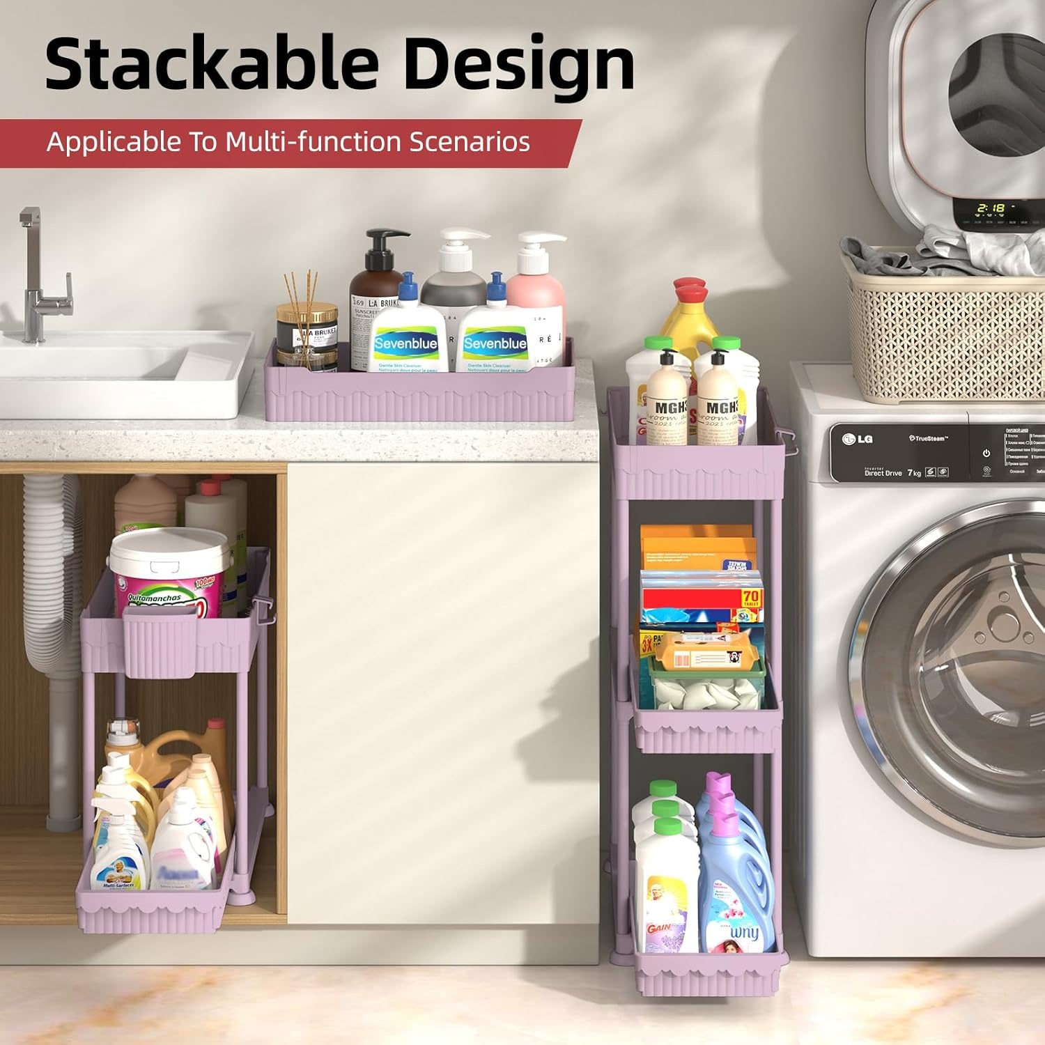 image:imageSevenblue 4 Pack Under Sink Organizer Bathroom Organizers and Storage 2 Tier MultiUse Pull Out Cabinet Organizer with Hang Hooks and Cups Black 4 PackPink