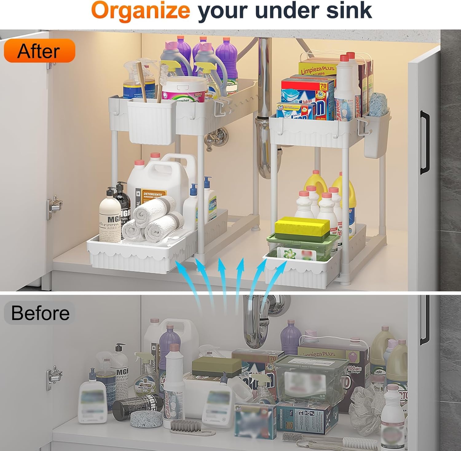 image:imageSevenblue 4 Pack Under Sink Organizer Bathroom Organizers and Storage 2 Tier MultiUse Pull Out Cabinet Organizer with Hang Hooks and Cups Black 4 PackWhite