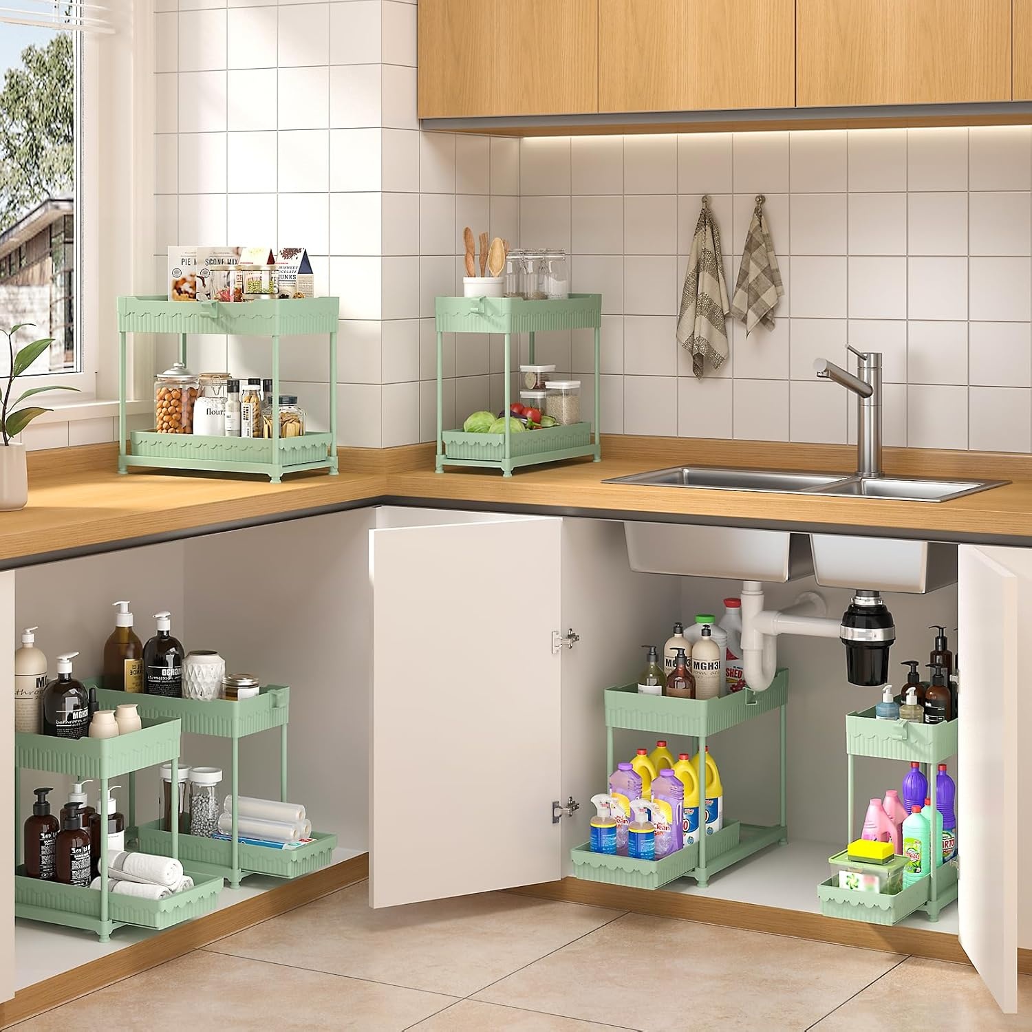 image:imageSevenblue 4 Pack Under Sink Organizer Bathroom Organizers and Storage 2 Tier MultiUse Pull Out Cabinet Organizer with Hang Hooks and Cups Black 4 PackGreen