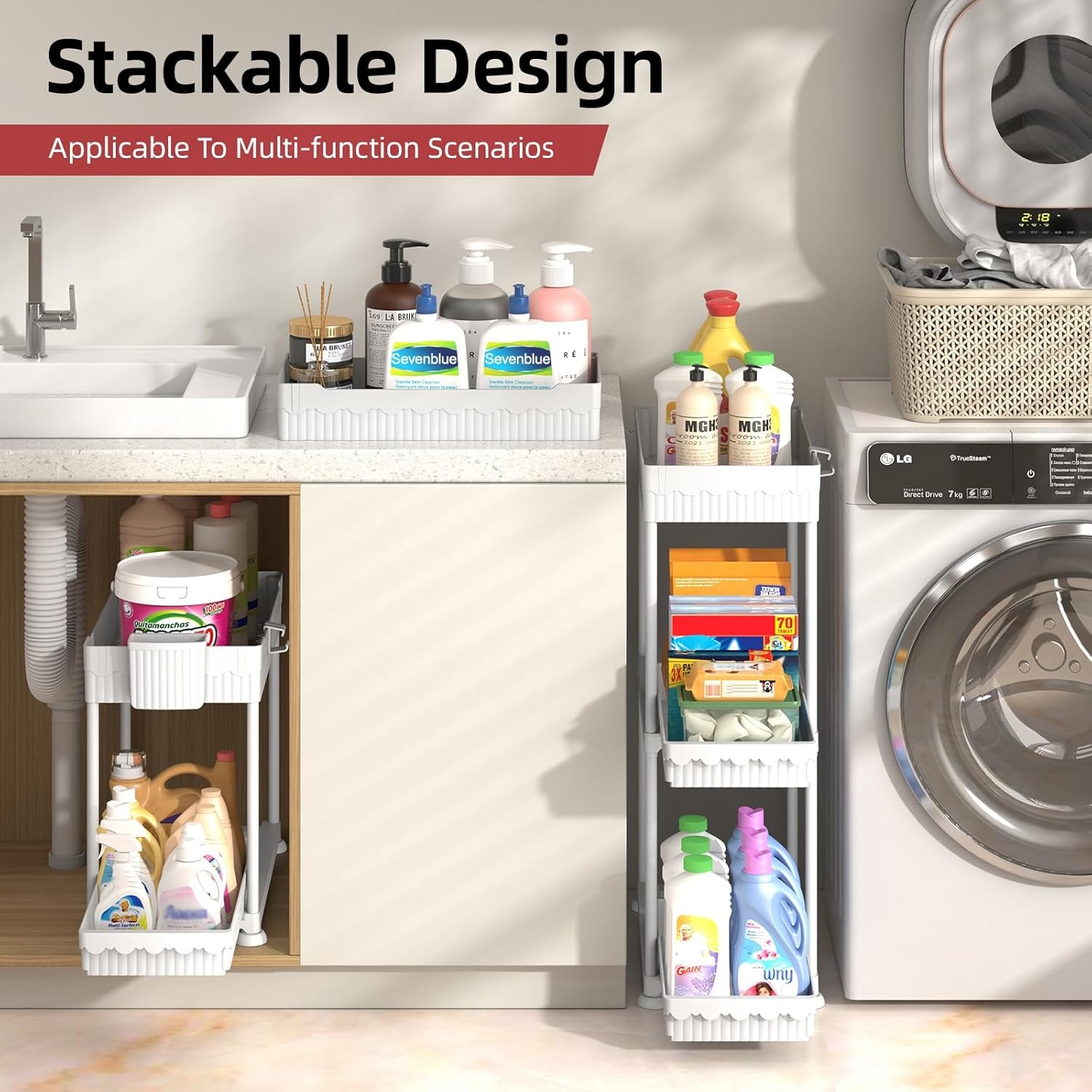 image:imageSevenblue 4 Pack Under Sink Organizer Bathroom Organizers and Storage 2 Tier MultiUse Pull Out Cabinet Organizer with Hang Hooks and Cups Black 4 PackWhite