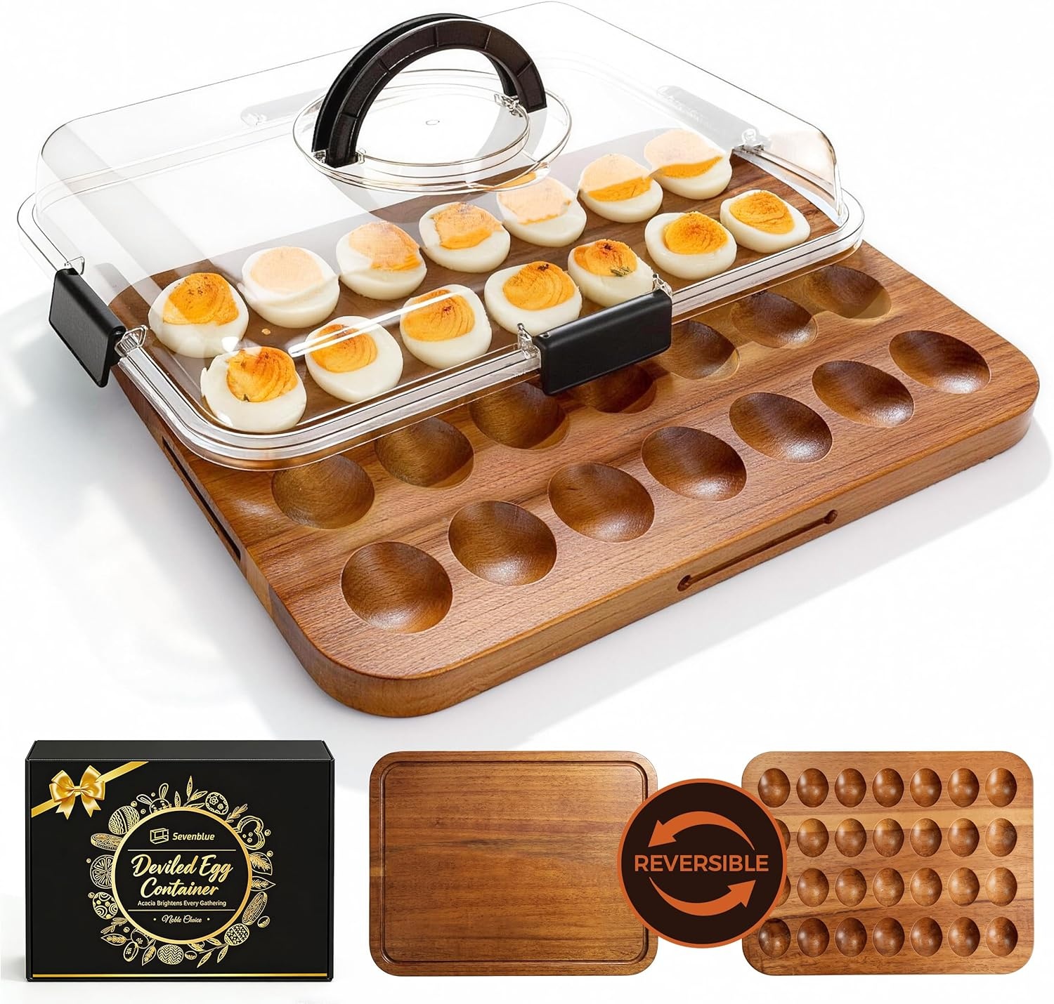 image:imageSevenblue Acacia Wood Deviled Egg Containers with Lid and Handle Portable Deviled Egg Platter for Easter Potlucks amp Party Reversible Charcuterie Board Cutting BoardBlack