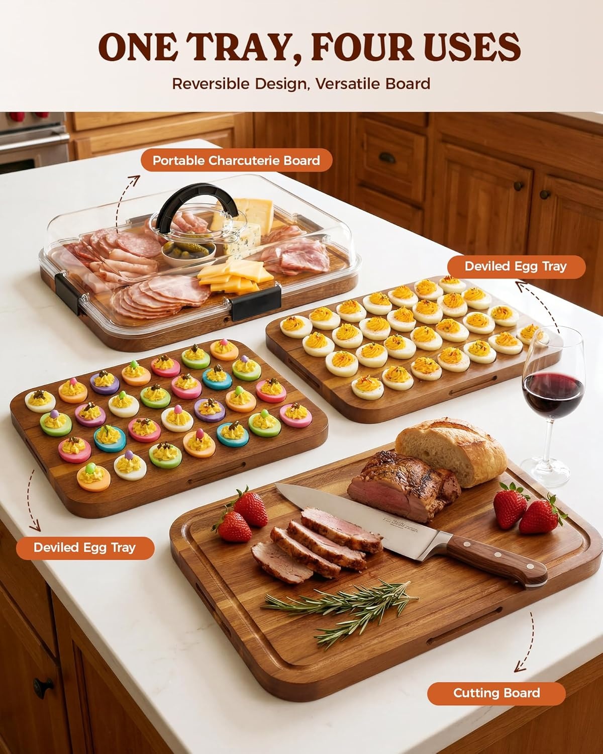 image:imageSevenblue Acacia Wood Deviled Egg Containers with Lid and Handle Portable Deviled Egg Platter for Easter Potlucks amp Party Reversible Charcuterie Board Cutting BoardBlack