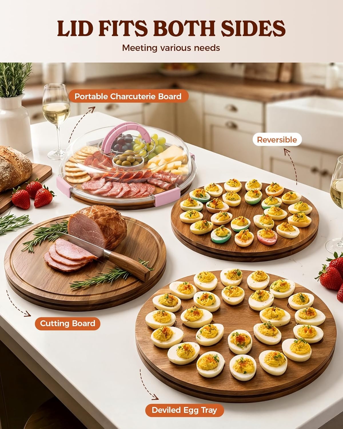 image:imageSevenblue Acacia Wood Deviled Egg Containers with Lid and Handle Portable Deviled Egg Platter for Easter Potlucks amp Party Reversible Charcuterie Board Cutting BoardPink