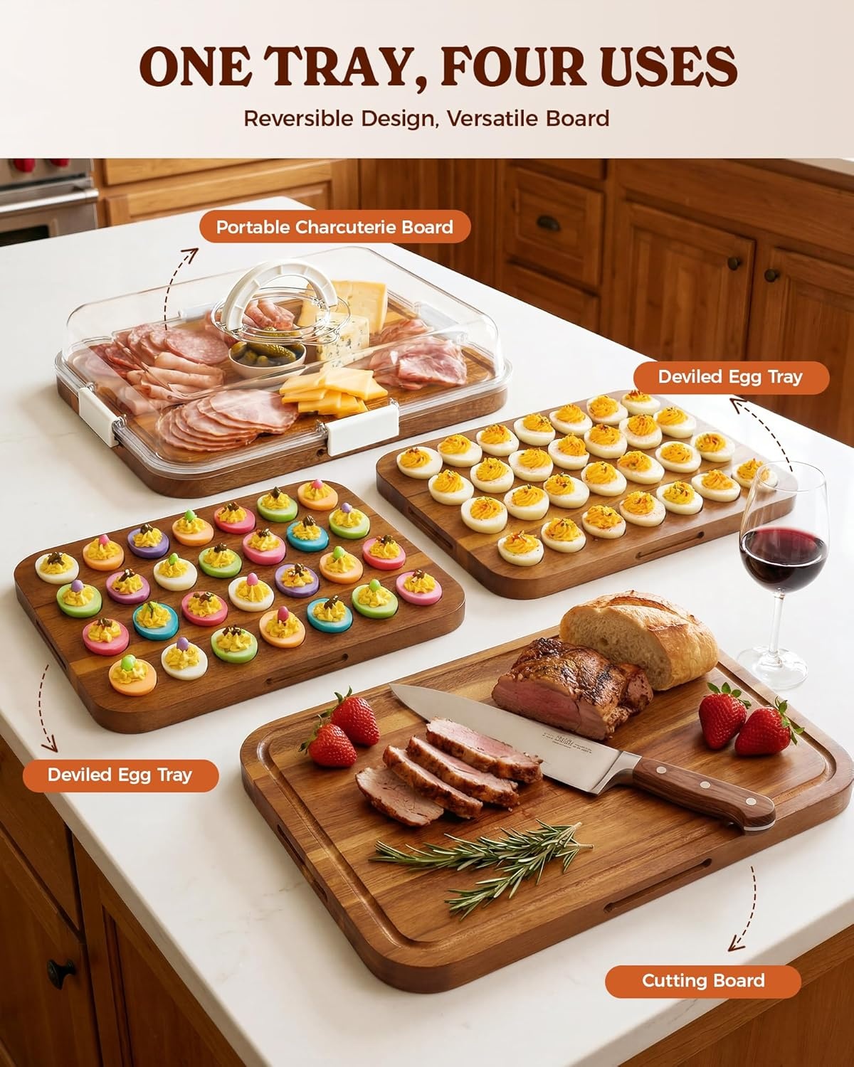 image:imageSevenblue Acacia Wood Deviled Egg Containers with Lid and Handle Portable Deviled Egg Platter for Easter Potlucks amp Party Reversible Charcuterie Board Cutting BoardWhite