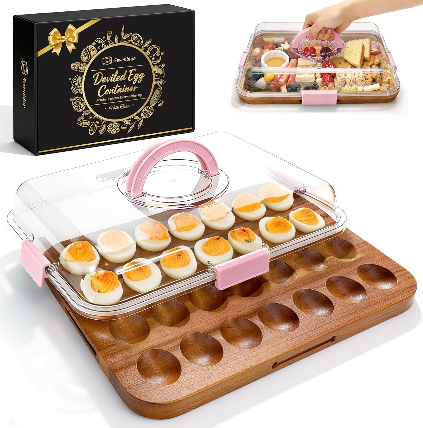 image:imageSevenblue Acacia Wood Deviled Egg Containers with Lid and Handle Portable Deviled Egg Platter for Easter Potlucks amp Party Reversible Charcuterie Board Cutting BoardPink