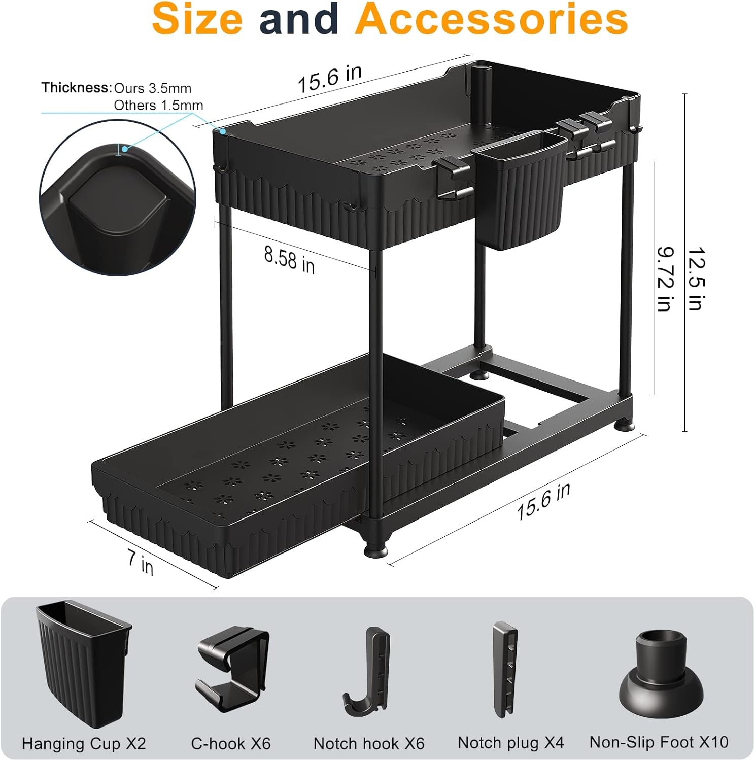 image:imageSevenblue Bathroom Organizers and Storage Under Sink Organizers and Storage Black 2 Pack Cabinet Organizer Black