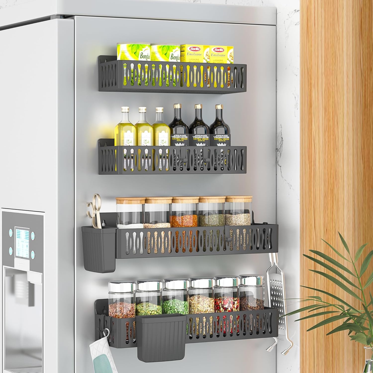 image:imageSevenblue Bathroom Organizers and Storage Under Sink Organizers and Storage Black 4 Pack Magnetic Spice Rack for Refrigerator Black