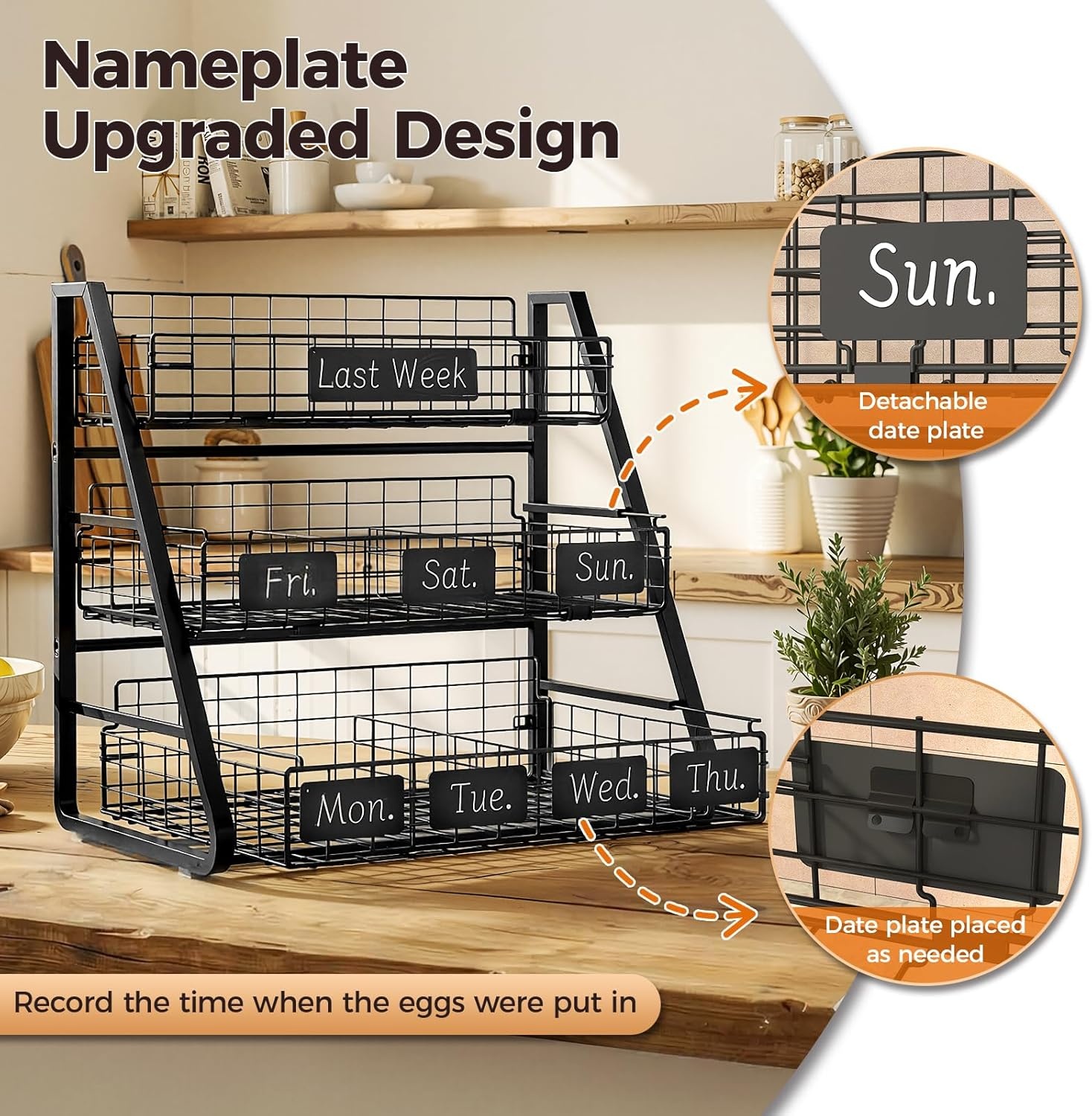 image:imageSevenblue Egg Holder Countertop with 3 Tier PullOut Wire Baskets amp Sturdy Frame Egg Basket with 5 Adjustable Dividers amp Date Tags for Gathering Fresh Eggs Chicken Coop Accessories BlackBlack