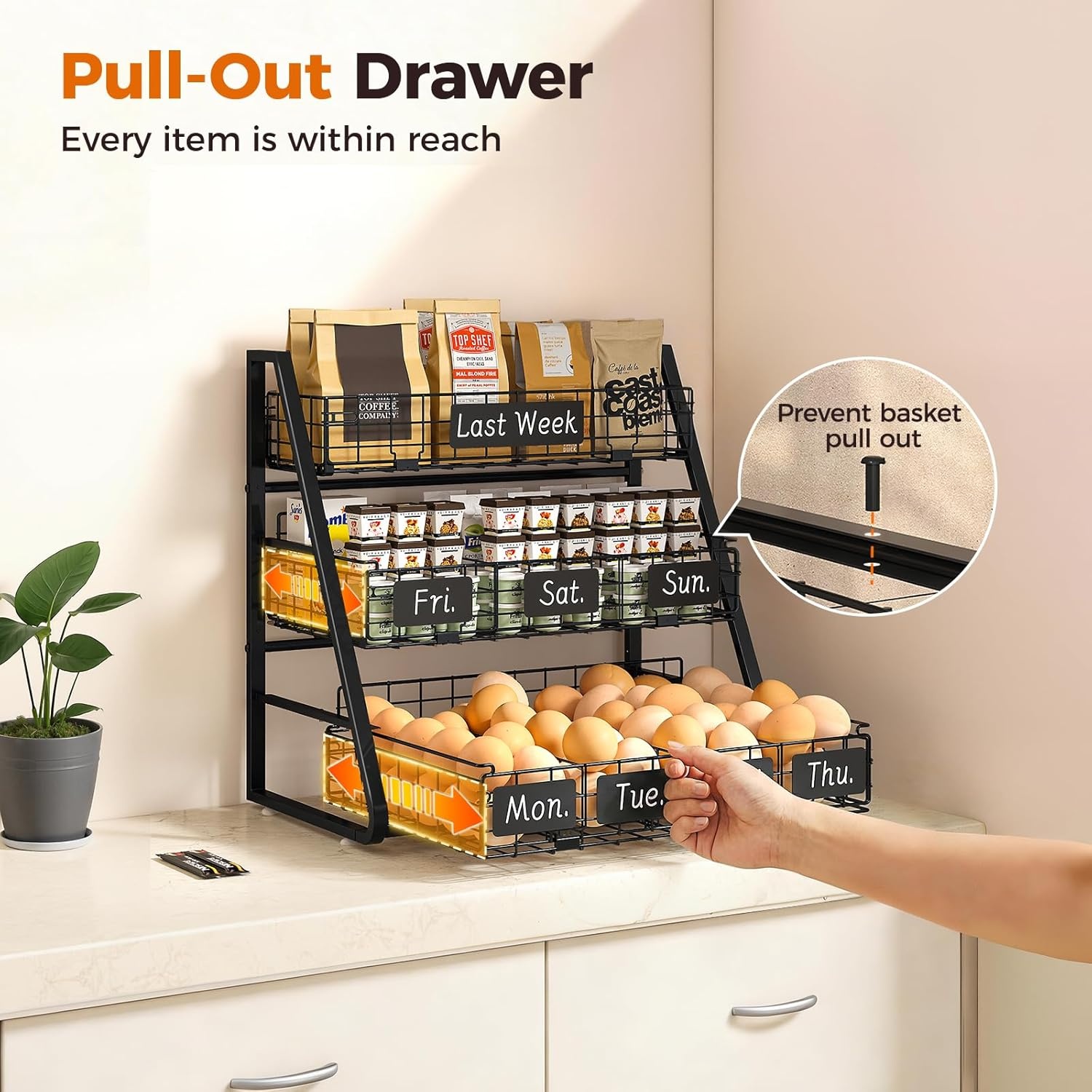 image:imageSevenblue Egg Holder Countertop with 3 Tier PullOut Wire Baskets amp Sturdy Frame Egg Basket with 5 Adjustable Dividers amp Date Tags for Gathering Fresh Eggs Chicken Coop Accessories BlackBlack