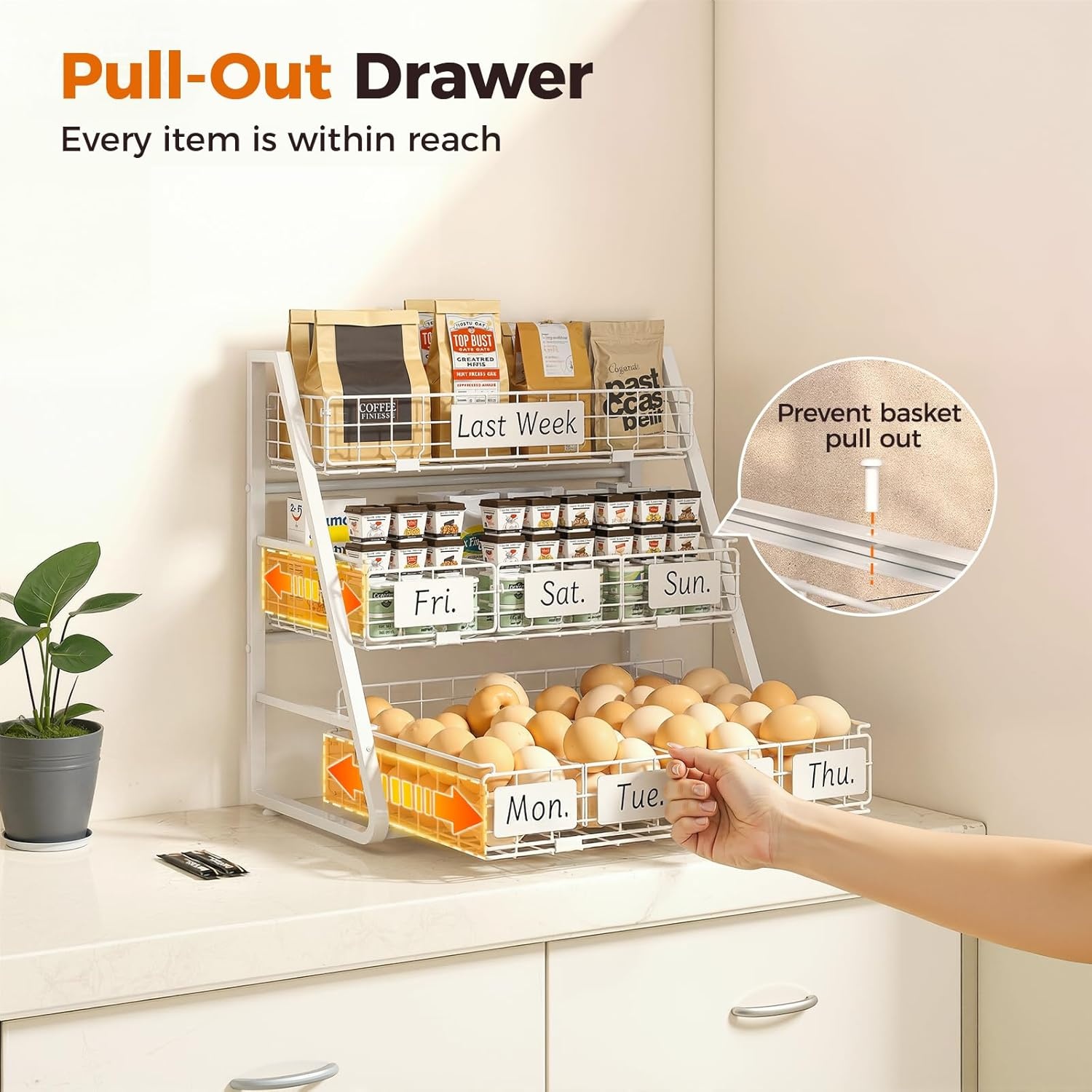 image:imageSevenblue Egg Holder Countertop with 3 Tier PullOut Wire Baskets amp Sturdy Frame Egg Basket with 5 Adjustable Dividers amp Date Tags for Gathering Fresh Eggs Chicken Coop Accessories BlackWhite