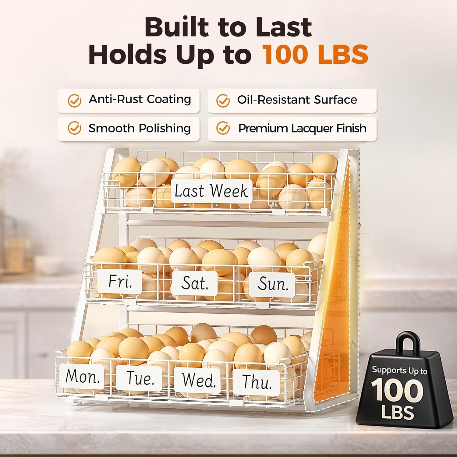 image:imageSevenblue Egg Holder Countertop with 3 Tier PullOut Wire Baskets amp Sturdy Frame Egg Basket with 5 Adjustable Dividers amp Date Tags for Gathering Fresh Eggs Chicken Coop Accessories BlackWhite