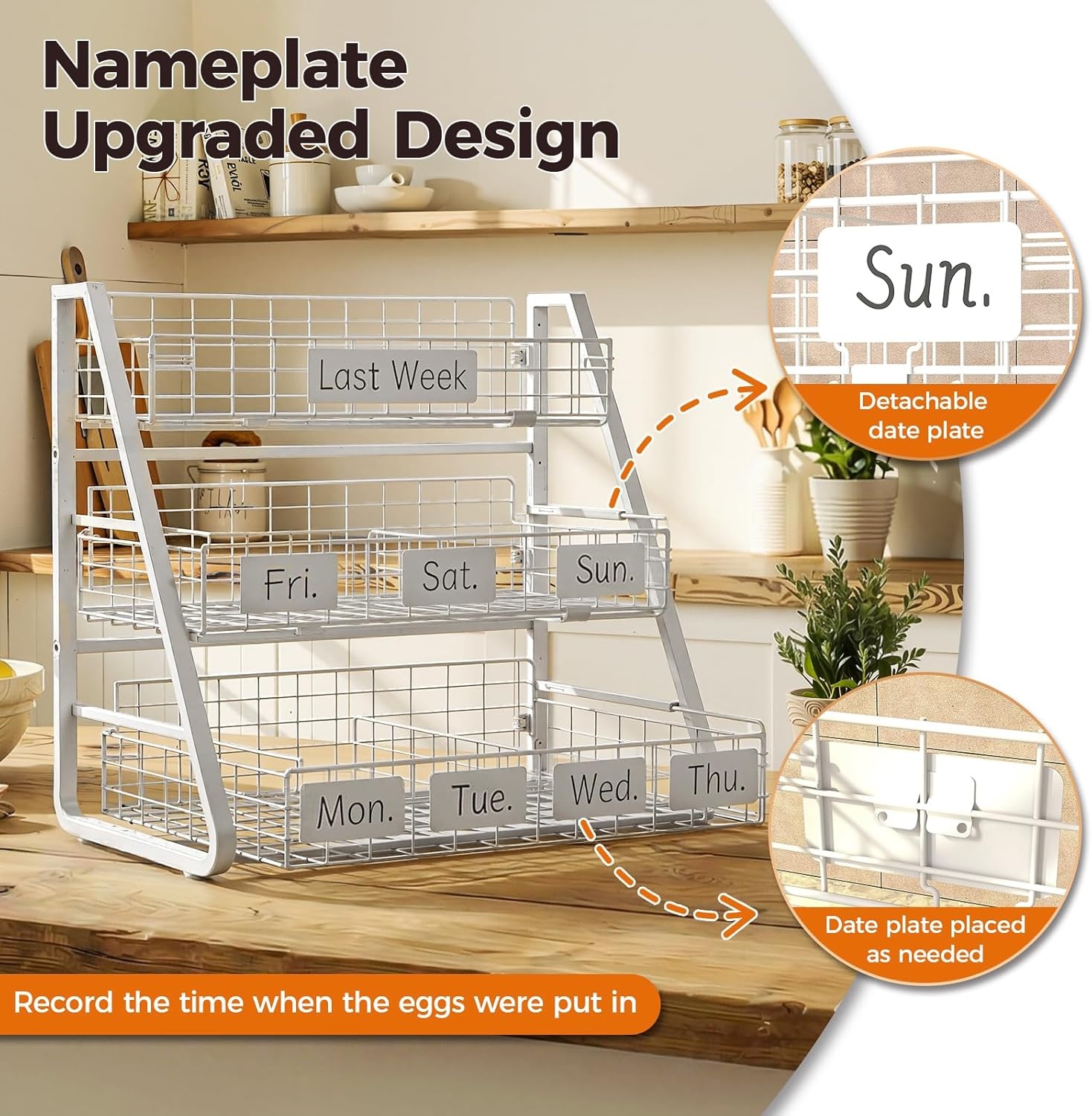 image:imageSevenblue Egg Holder Countertop with 3 Tier PullOut Wire Baskets amp Sturdy Frame Egg Basket with 5 Adjustable Dividers amp Date Tags for Gathering Fresh Eggs Chicken Coop Accessories BlackWhite