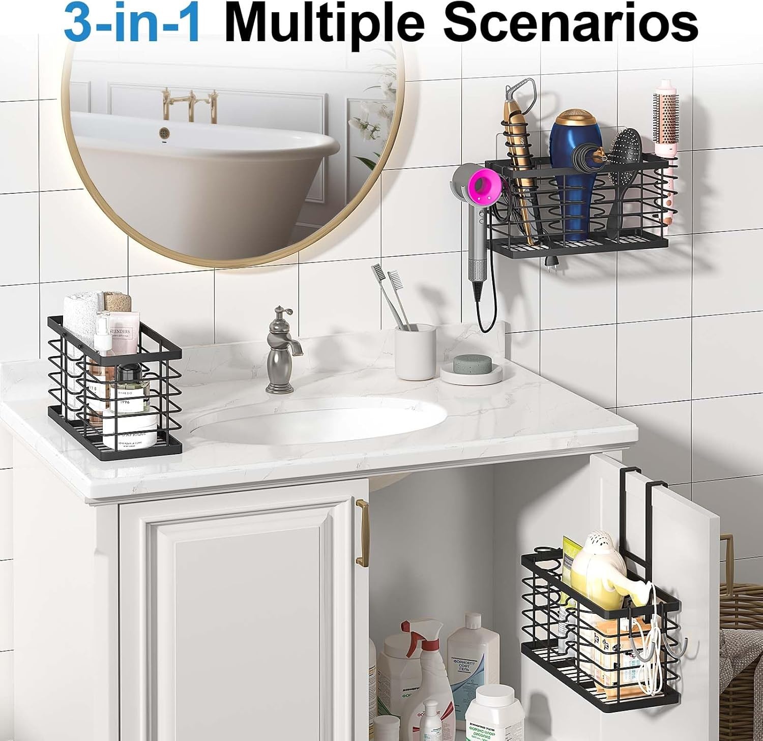image:imageSevenblue Hair Tool Organizer 2026 Upgraded 3in1 Universal Hair Dryer Holder Adjustable Height Metal Blow Dryer Holder Wall MountedOver Cabinet DoorFreeStanding BlackXL Black