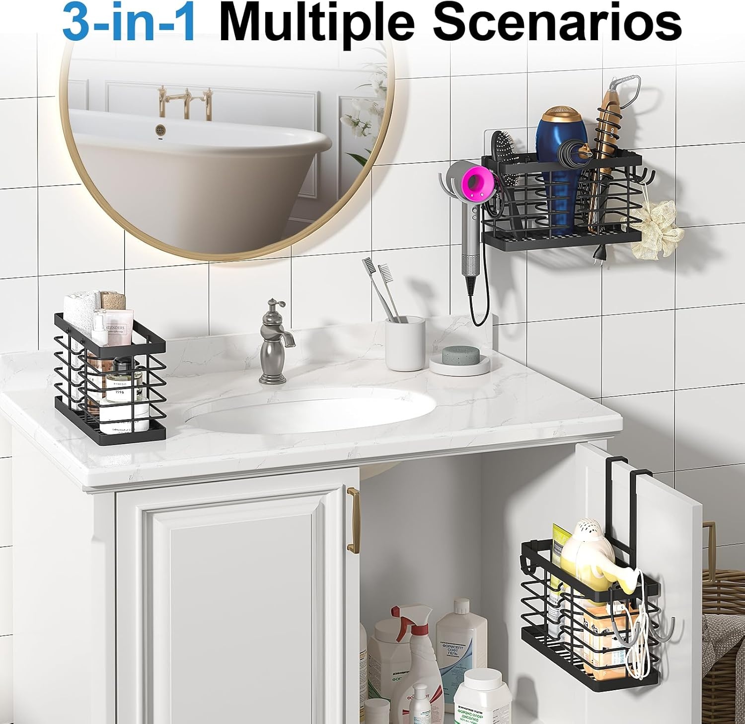 image:imageSevenblue Hair Tool Organizer 2026 Upgraded 3in1 Universal Hair Dryer Holder Adjustable Height Metal Blow Dryer Holder Wall MountedOver Cabinet DoorFreeStanding BlackStandard Black