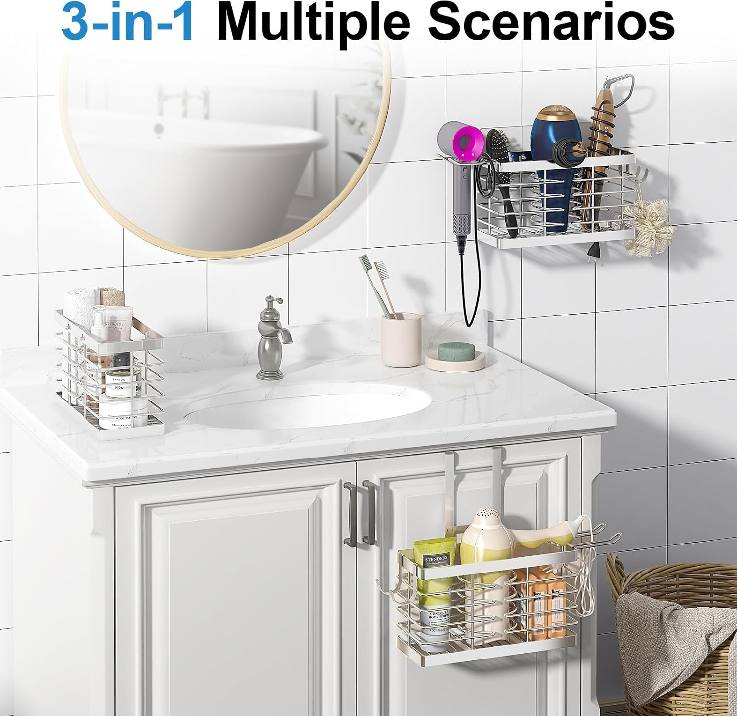 image:imageSevenblue Hair Tool Organizer 2026 Upgraded 3in1 Universal Hair Dryer Holder Adjustable Height Metal Blow Dryer Holder Wall MountedOver Cabinet DoorFreeStanding BlackStandard Silver