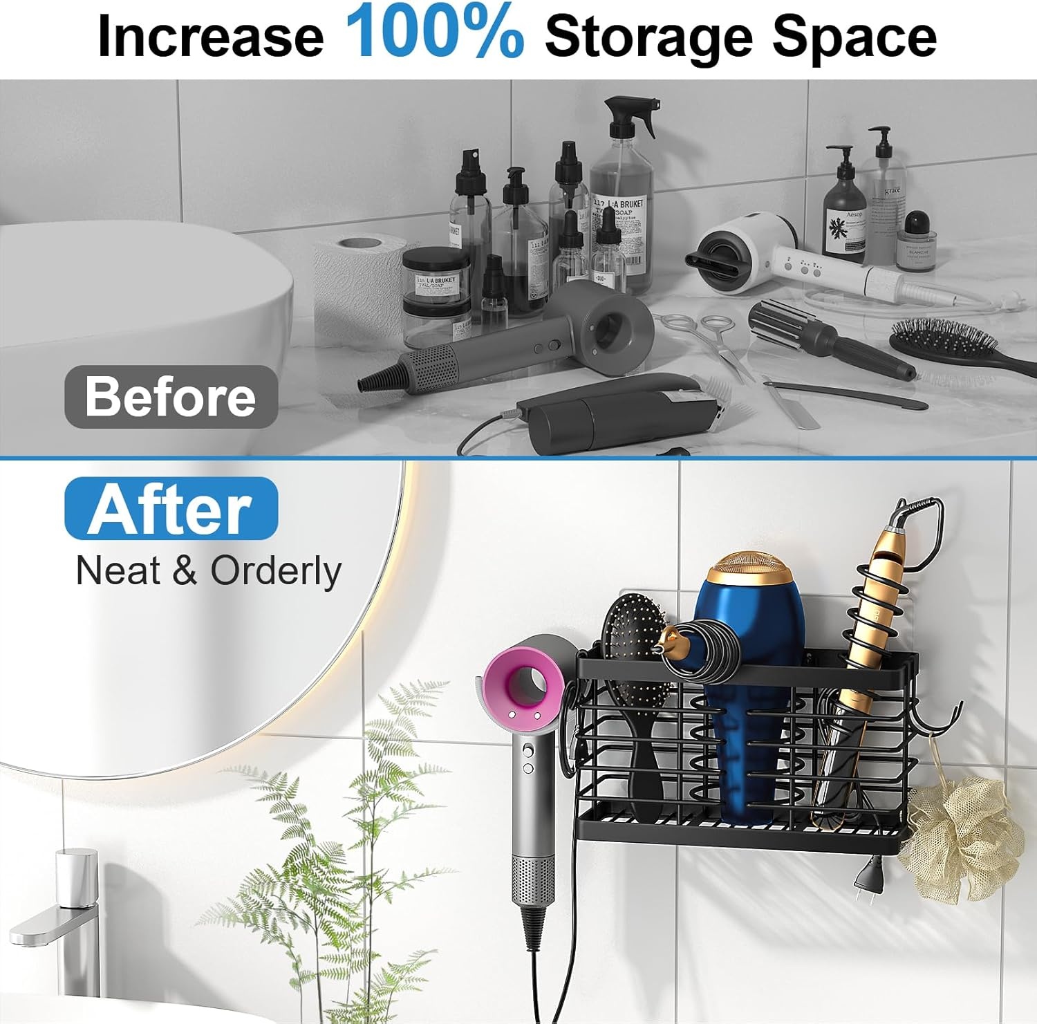 image:imageSevenblue Hair Tool Organizer 2026 Upgraded 3in1 Universal Hair Dryer Holder Adjustable Height Metal Blow Dryer Holder Wall MountedOver Cabinet DoorFreeStanding BlackStandard Black