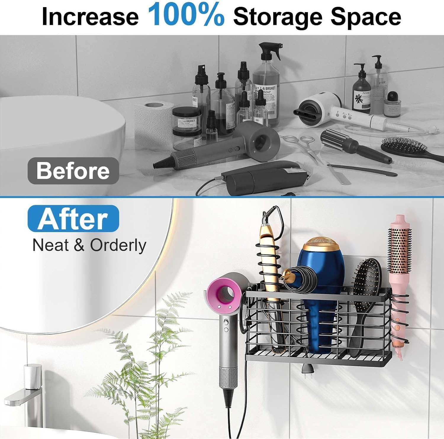 image:imageSevenblue Hair Tool Organizer 2026 Upgraded 3in1 Universal Hair Dryer Holder Adjustable Height Metal Blow Dryer Holder Wall MountedOver Cabinet DoorFreeStanding BlackXL Black