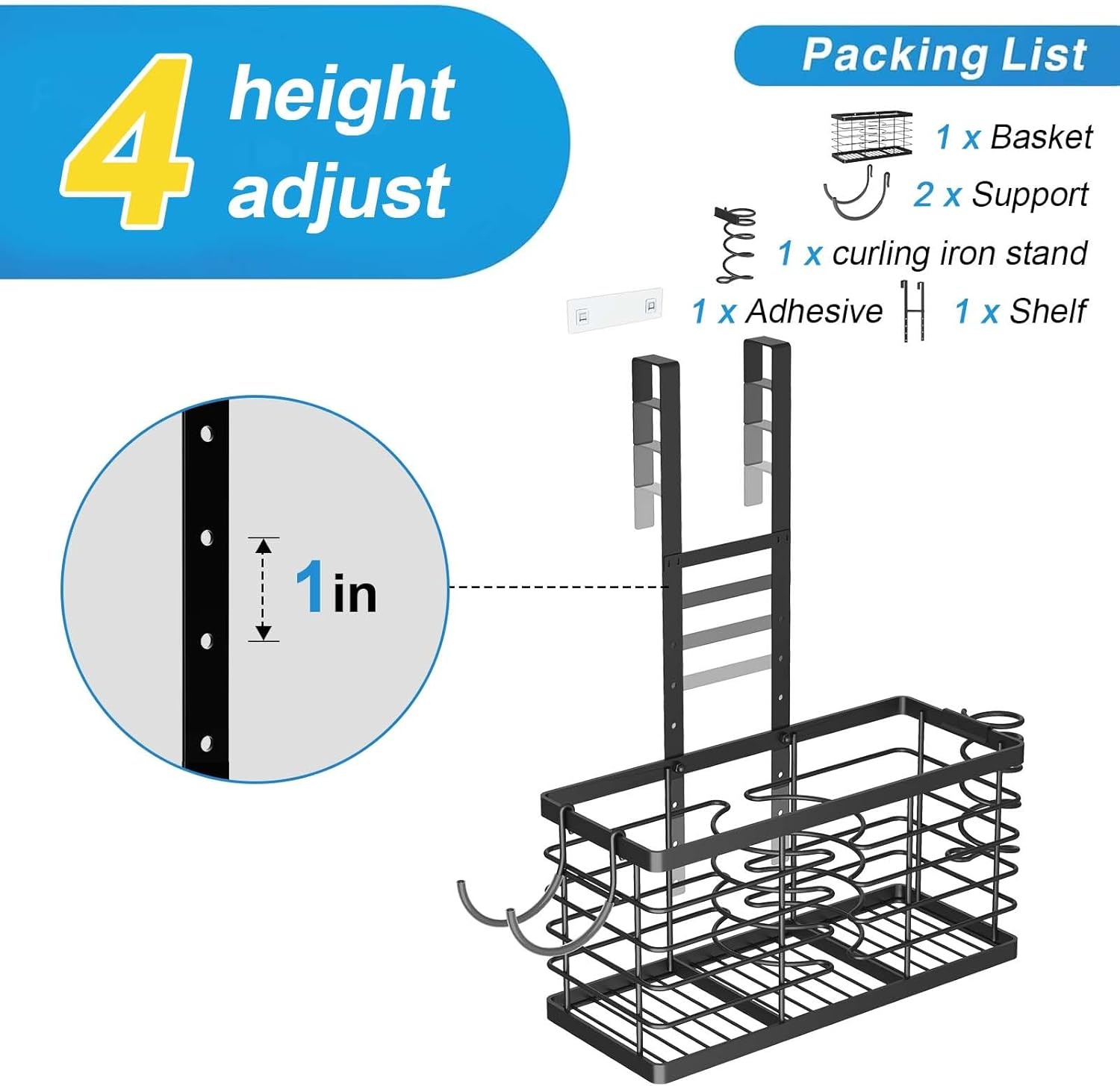 image:imageSevenblue Hair Tool Organizer 2026 Upgraded 3in1 Universal Hair Dryer Holder Adjustable Height Metal Blow Dryer Holder Wall MountedOver Cabinet DoorFreeStanding BlackXL Black
