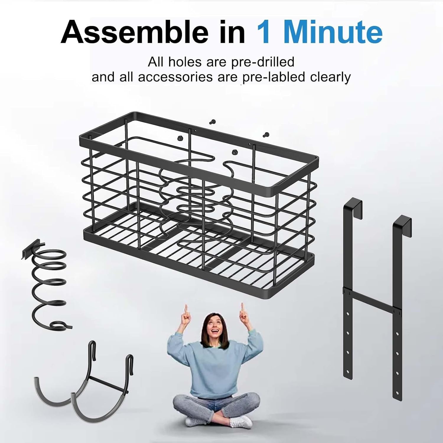 image:imageSevenblue Hair Tool Organizer 2026 Upgraded 3in1 Universal Hair Dryer Holder Adjustable Height Metal Blow Dryer Holder Wall MountedOver Cabinet DoorFreeStanding BlackXL Black