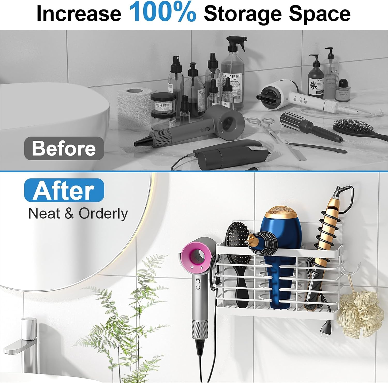 image:imageSevenblue Hair Tool Organizer 2026 Upgraded 3in1 Universal Hair Dryer Holder Adjustable Height Metal Blow Dryer Holder Wall MountedOver Cabinet DoorFreeStanding BlackStandard White