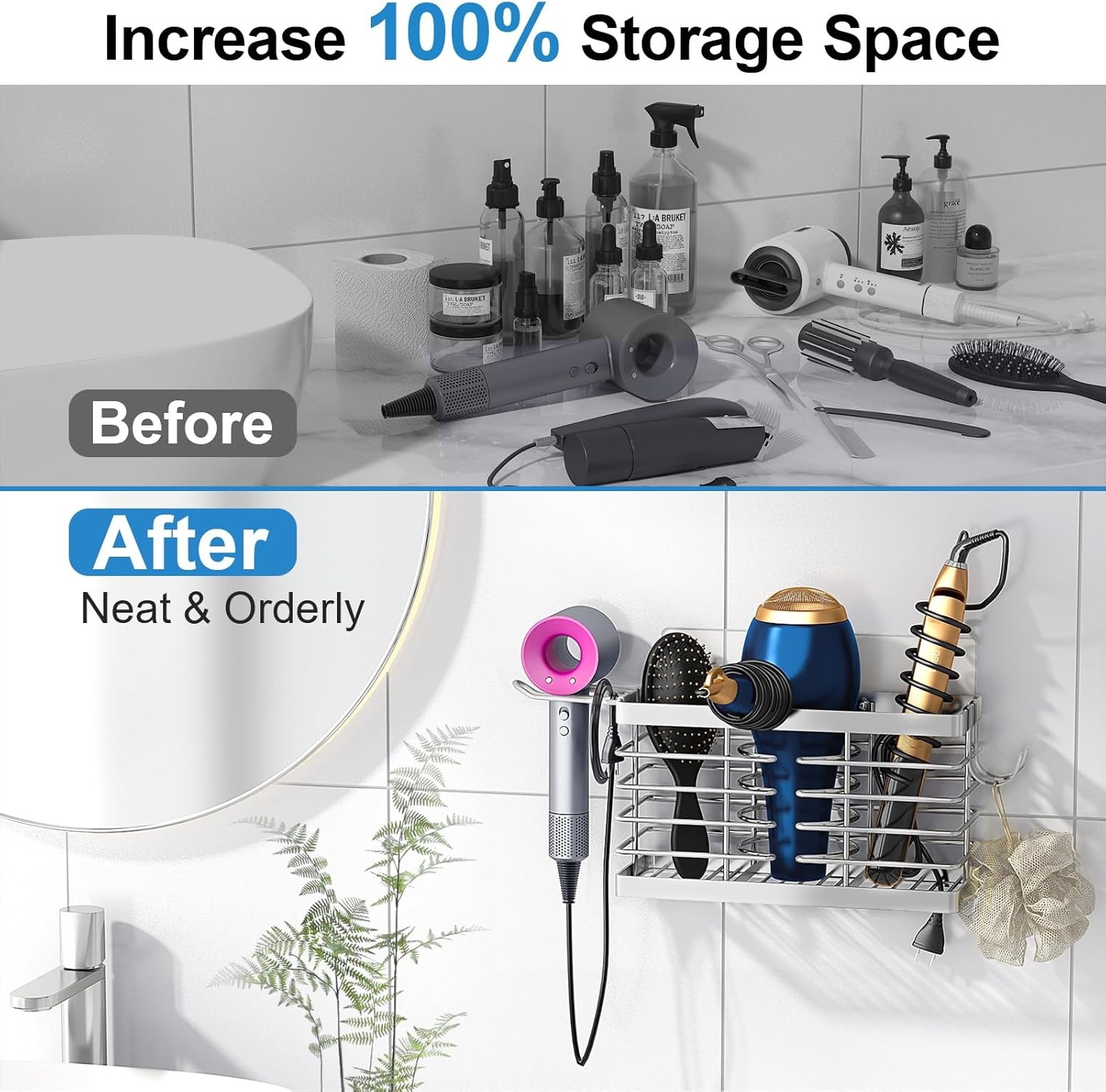 image:imageSevenblue Hair Tool Organizer 2026 Upgraded 3in1 Universal Hair Dryer Holder Adjustable Height Metal Blow Dryer Holder Wall MountedOver Cabinet DoorFreeStanding BlackStandard Silver
