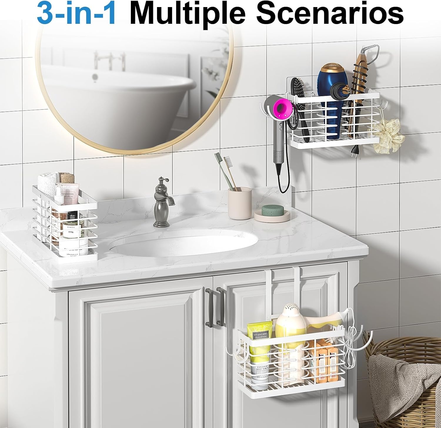 image:imageSevenblue Hair Tool Organizer 2026 Upgraded 3in1 Universal Hair Dryer Holder Adjustable Height Metal Blow Dryer Holder Wall MountedOver Cabinet DoorFreeStanding BlackStandard White