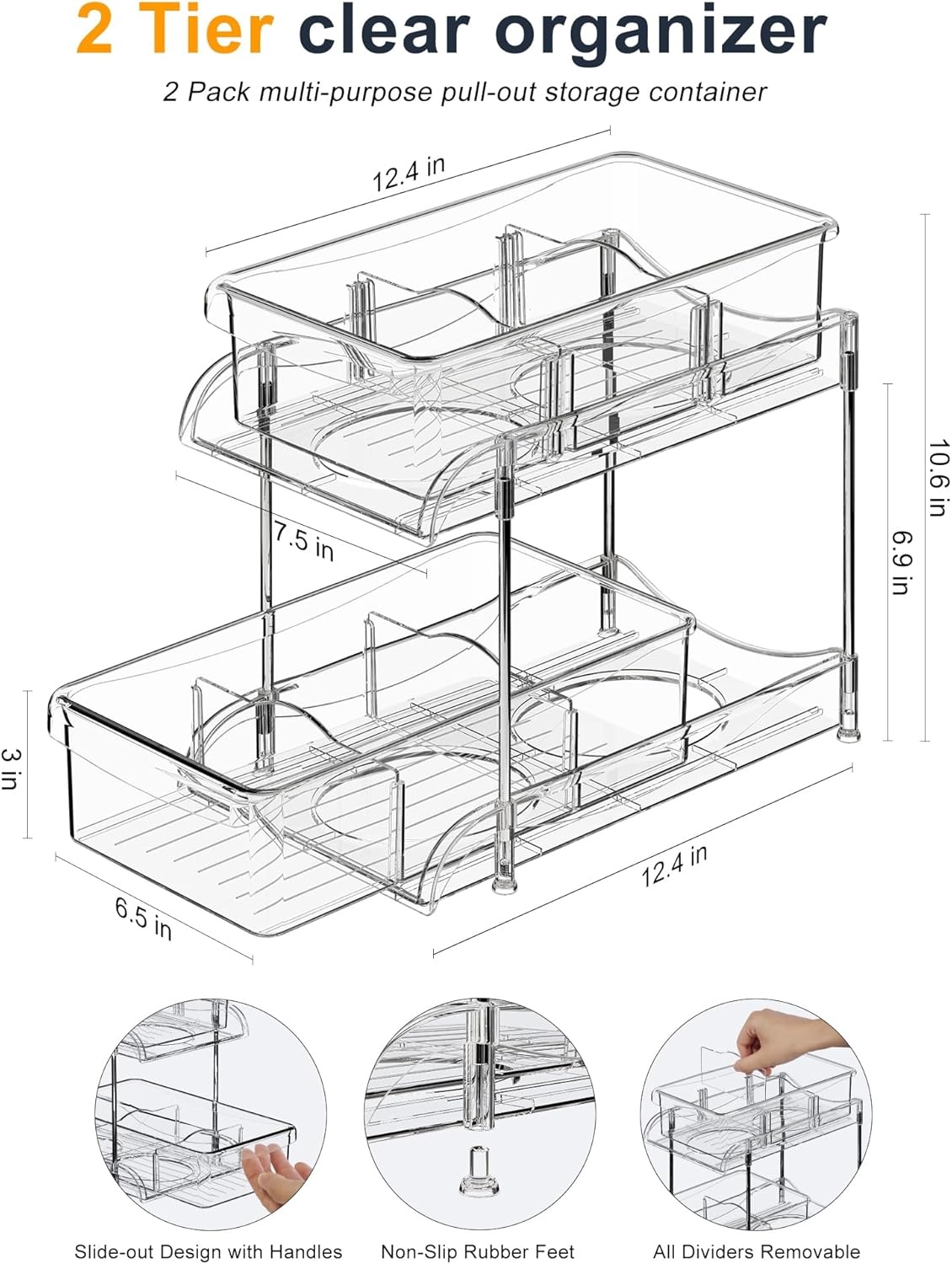image:imageSevenblue Under Sink Organizer Bathroom Organizers and Storage 2 Tier MultiUse Pull Out Cabinet Organizer with Hang Hooks and Cups transparent 2 Pack