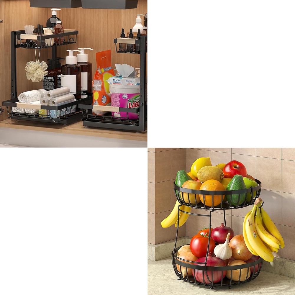 image:image2 Tier Fruit Basket for Kitchen Counter with 2 Banana Hangers 2 Packe of Metal Under Sink Organizers for Kitchen and Bathroom