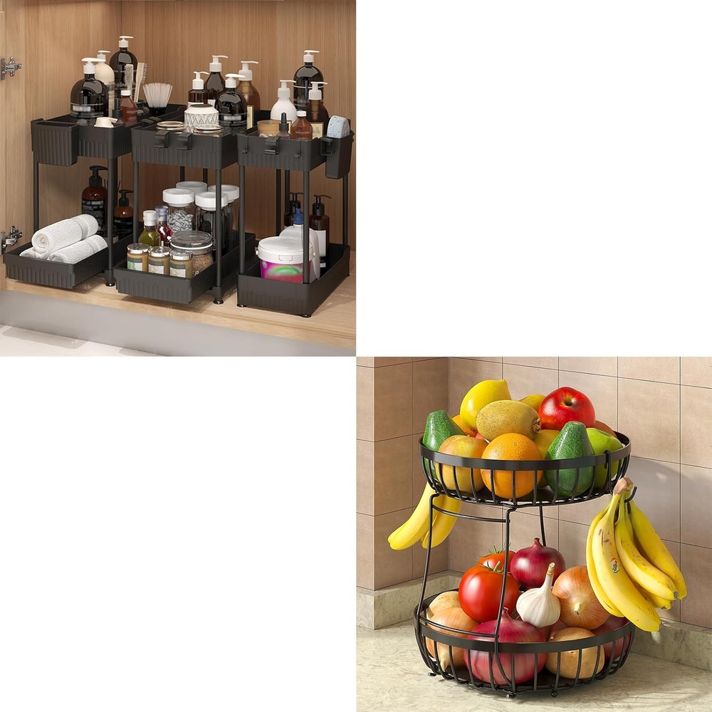 image:image2 Tier Fruit Basket for Kitchen Counter with 2 Banana Hangers 3 Packe of MultiUse Under Sink Organizers for Kitchen and Bathroom