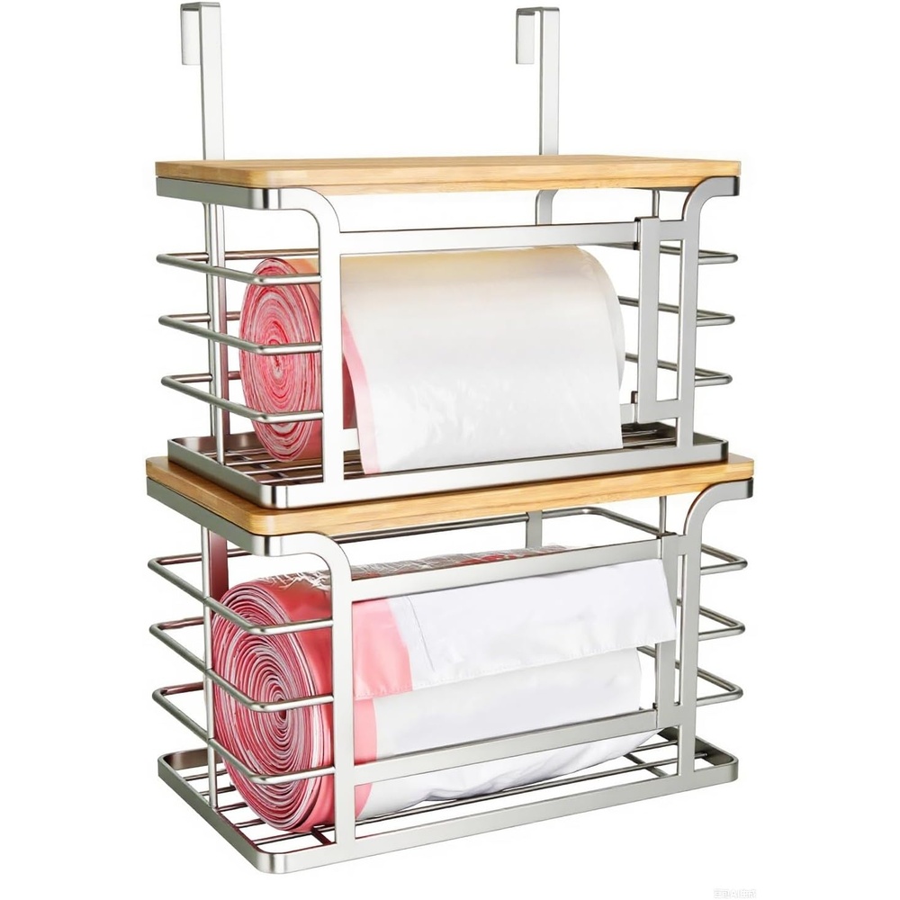 image:imageSevenblue 2 Pack Stackable Trash Bag Holder with Bamboo Top 2025 Pro Wall Mount Laundry Room Organization Djustable Hooks for Cabinet Door Organizers in KitchenPantryLaundry Room Silvery