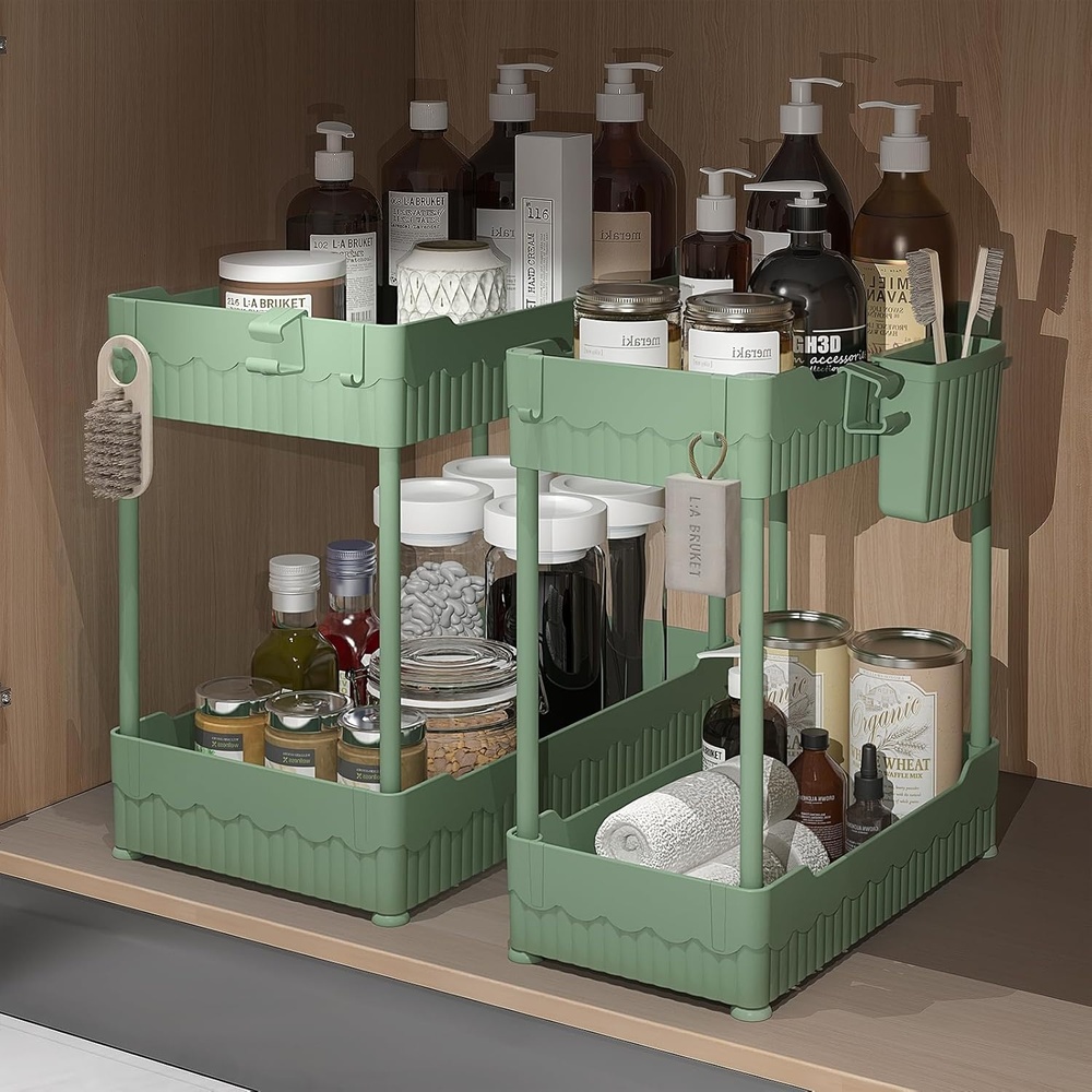 image:imageSevenblue 2 Pack Under Sink Organizer Under Bathroom Cabinet Organizer with Hooks Hanging Cup MultiPurpose Storage Shelf for Kitchen Bathroom BlackGreen