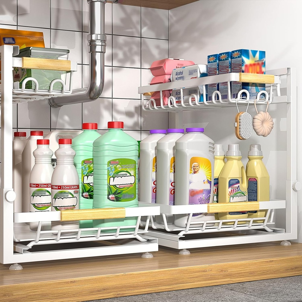 image:imageSevenblue 2 Packs Under Sink Organizer Height Adjustable 2 Tier Under Kitchen Sink Organizer MultiPurpose Storage Shelf for Kitchen Bathroom Cabinet White LargeWhite