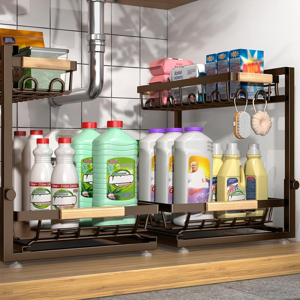 image:imageSevenblue 2 Packs Under Sink Organizer Height Adjustable 2 Tier Under Kitchen Sink Organizer MultiPurpose Storage Shelf for Kitchen Bathroom Cabinet White LargeBrown