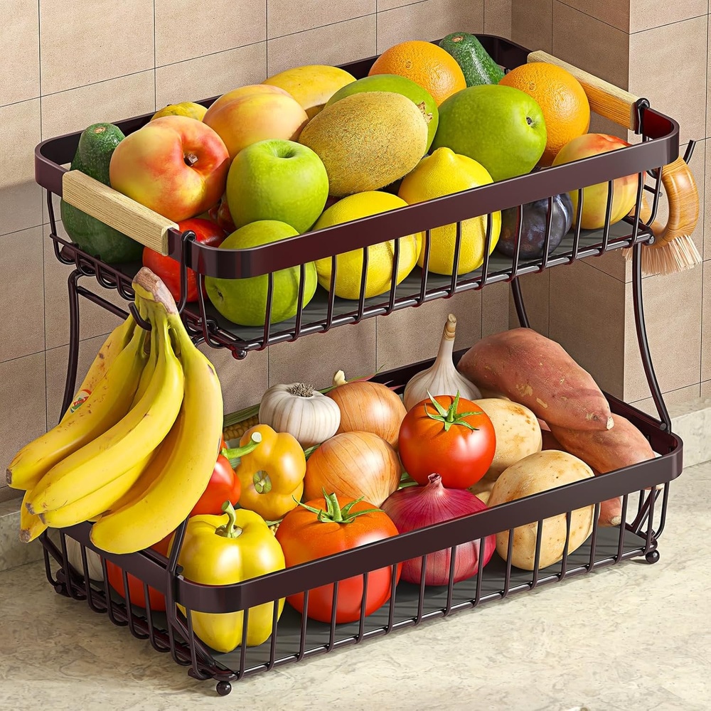 image:imageSevenblue 2 Tier Large Fruit Basket for Kitchen Counter with 2 Mobile Banana Hangers 2026 Pro Detachable Metal Fruit Bowl with Wooden Handle Silver 2 Tier Extra LargeBrown