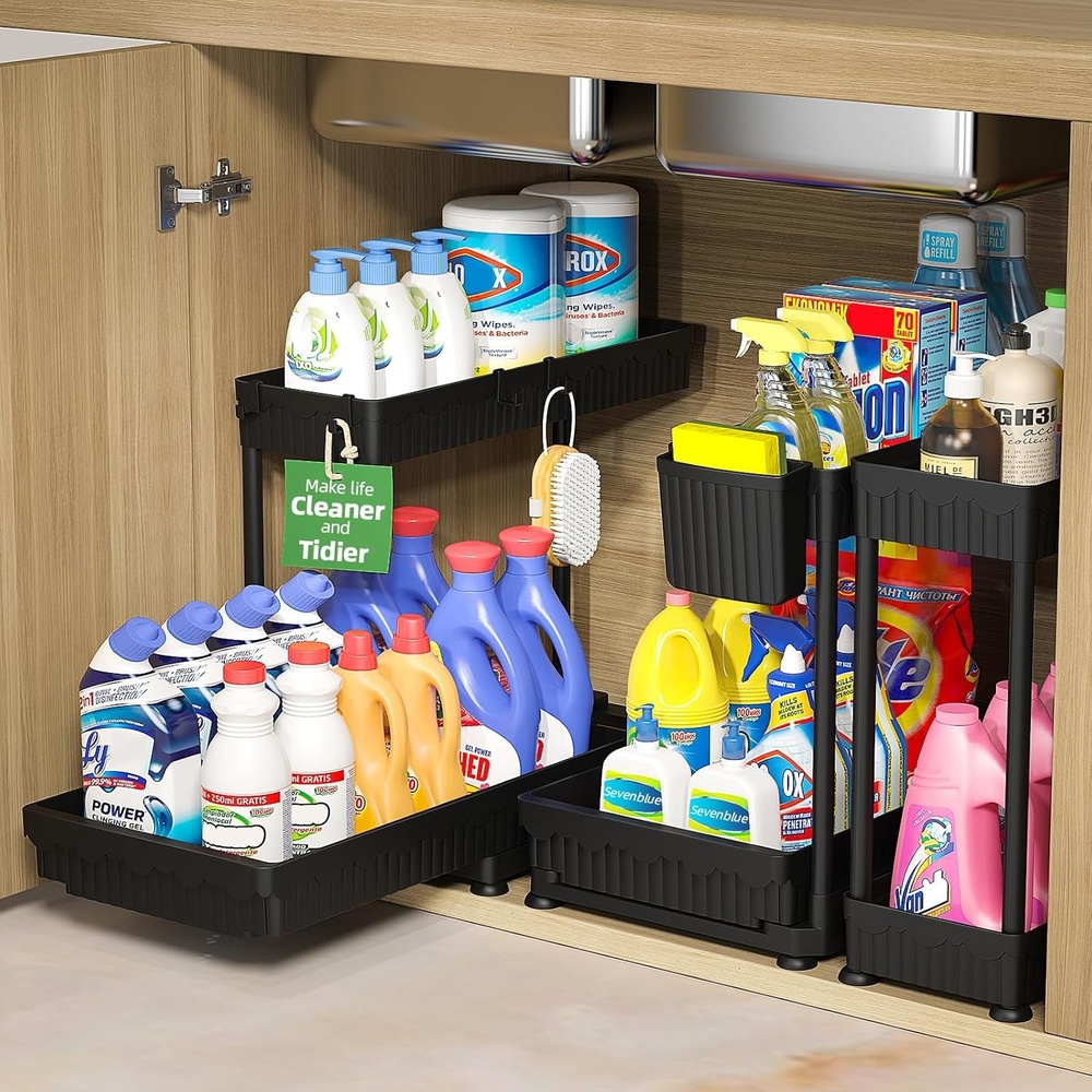 image:imageSevenblue 3 Pack MultiPurpose PullOut Storage Organizers 2Tier LShaped Under SinkCabinet Organizers and Storage for Bathroom amp Kitchen Black 1285 InchesBlack