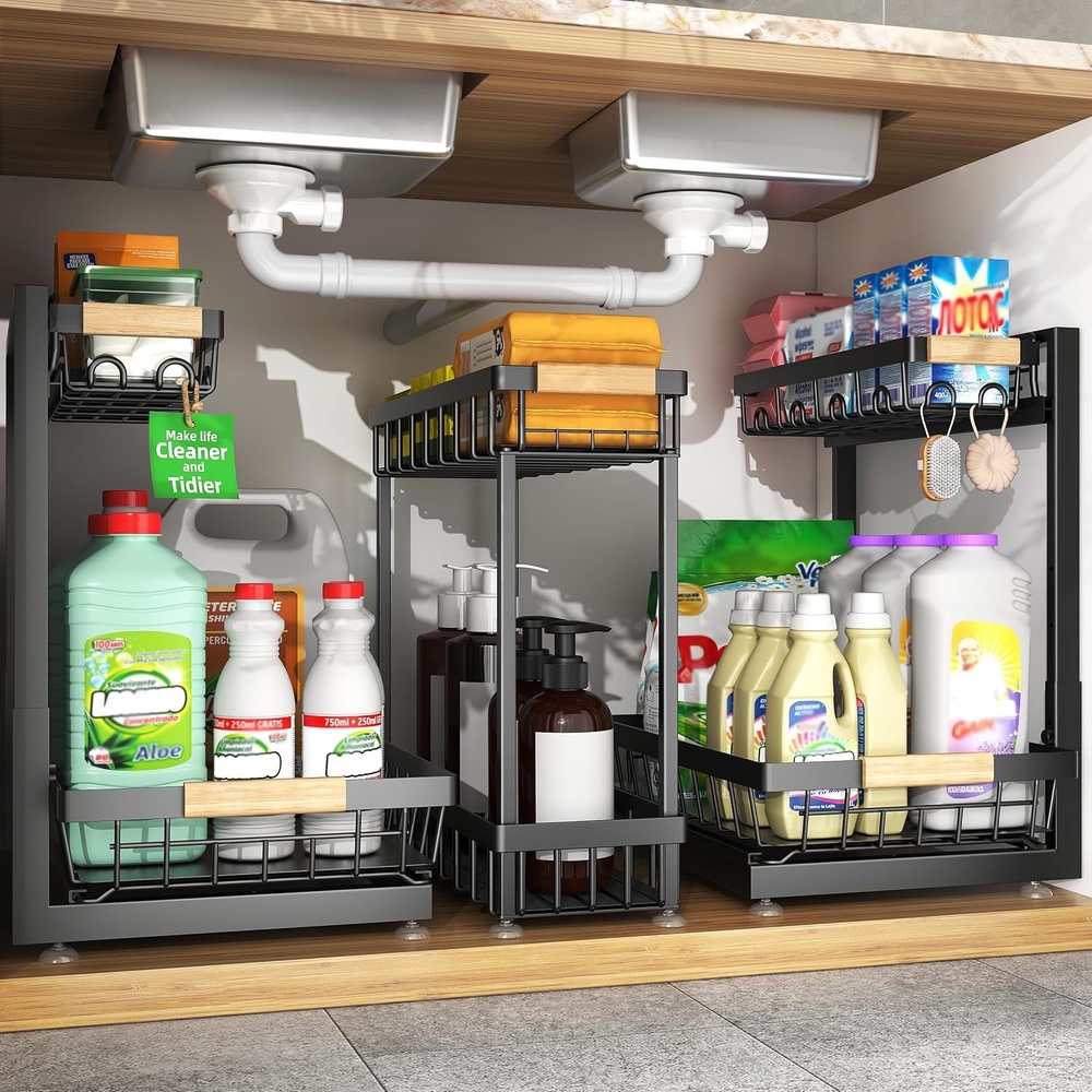 image:imageSevenblue 3 Pack Under Sink Organizer Height Adjustable 2 Tier PullOut Metal Under Kitchen Sink Organizer MultiPurpose Storage Shelves for Kitchen Bathroom Cabinet BlackBlack