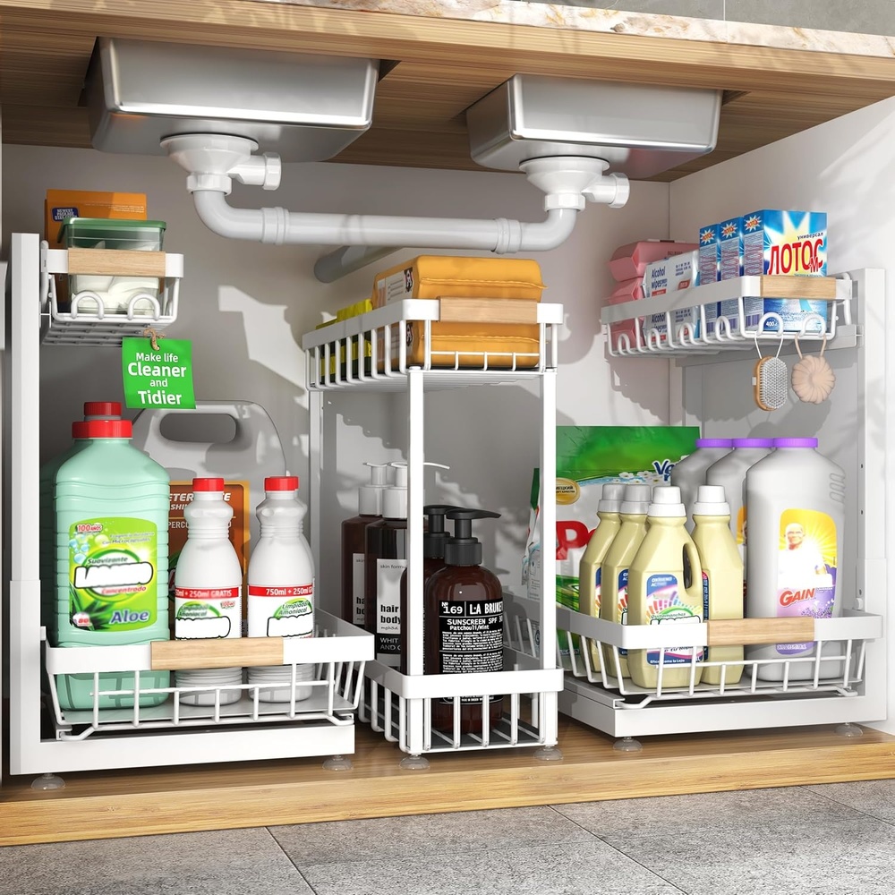 image:imageSevenblue 3 Pack Under Sink Organizer Height Adjustable 2 Tier PullOut Metal Under Kitchen Sink Organizer MultiPurpose Storage Shelves for Kitchen Bathroom Cabinet BlackWhite