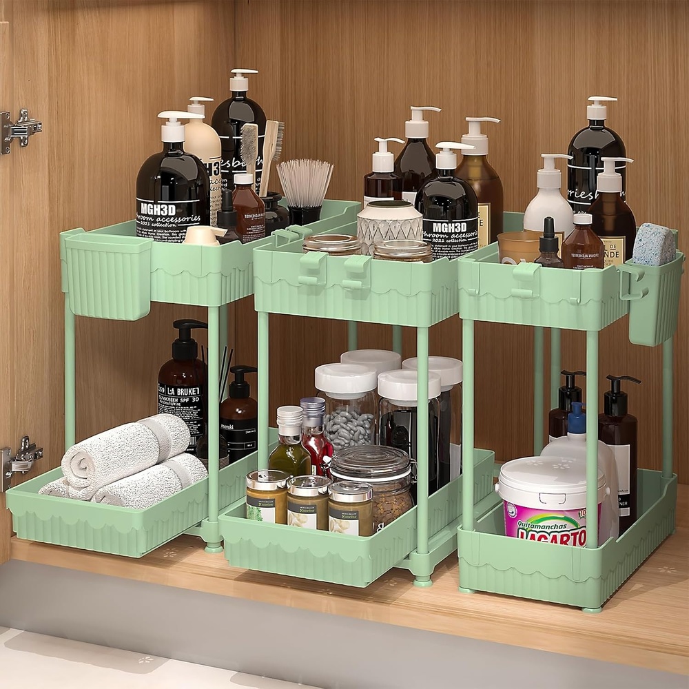 image:imageSevenblue 3 Pack Under Sink Organizers2Tier MultiUse Kitchen and Bathroom Organizers and Storage with Sliding DrawersBathroom Cabinet Organizer Black 128 InchGreen