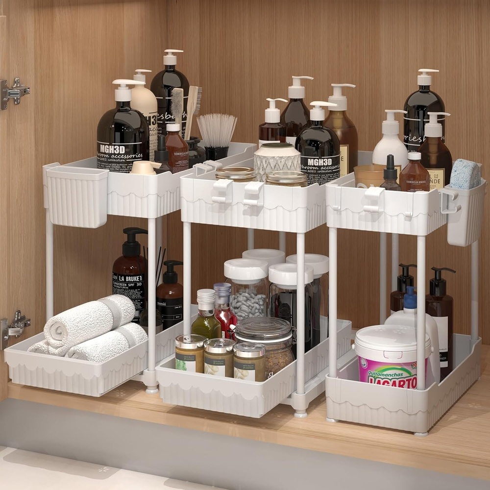 image:imageSevenblue 3 Pack Under Sink Organizers2Tier MultiUse Kitchen and Bathroom Organizers and Storage with Sliding DrawersBathroom Cabinet Organizer Black 128 InchWhite