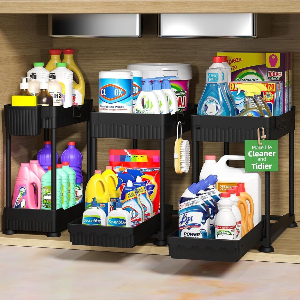 image:imageSevenblue 3 Pack Under Sink Organizers2Tier MultiUse Kitchen and Bathroom Organizers and Storage with Sliding DrawersBathroom Cabinet Organizer Black 128 InchBlack